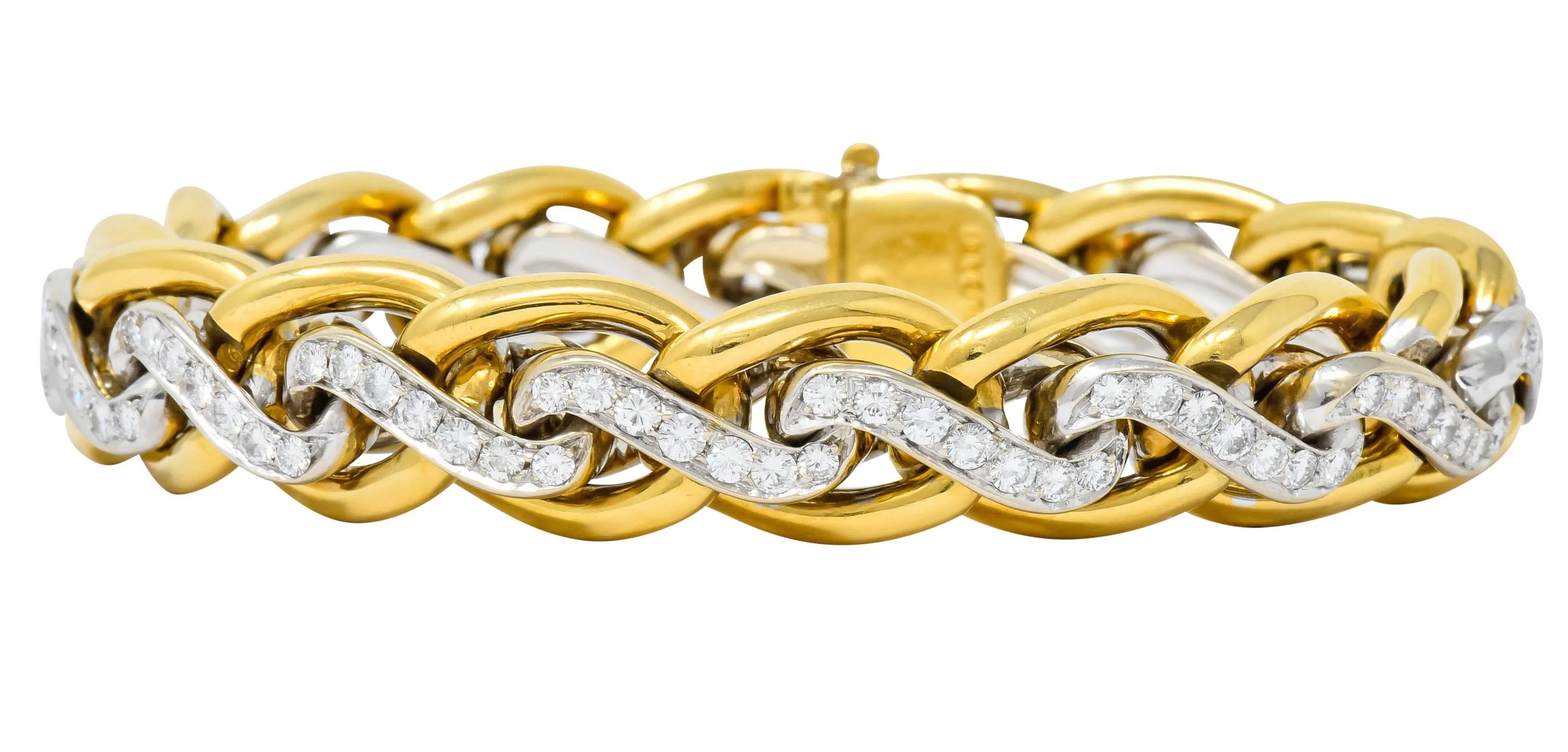 Bulgari Diamond 18 Karat Two-Tone Gold Curb Link Bracelet Wilson's Estate Jewelry