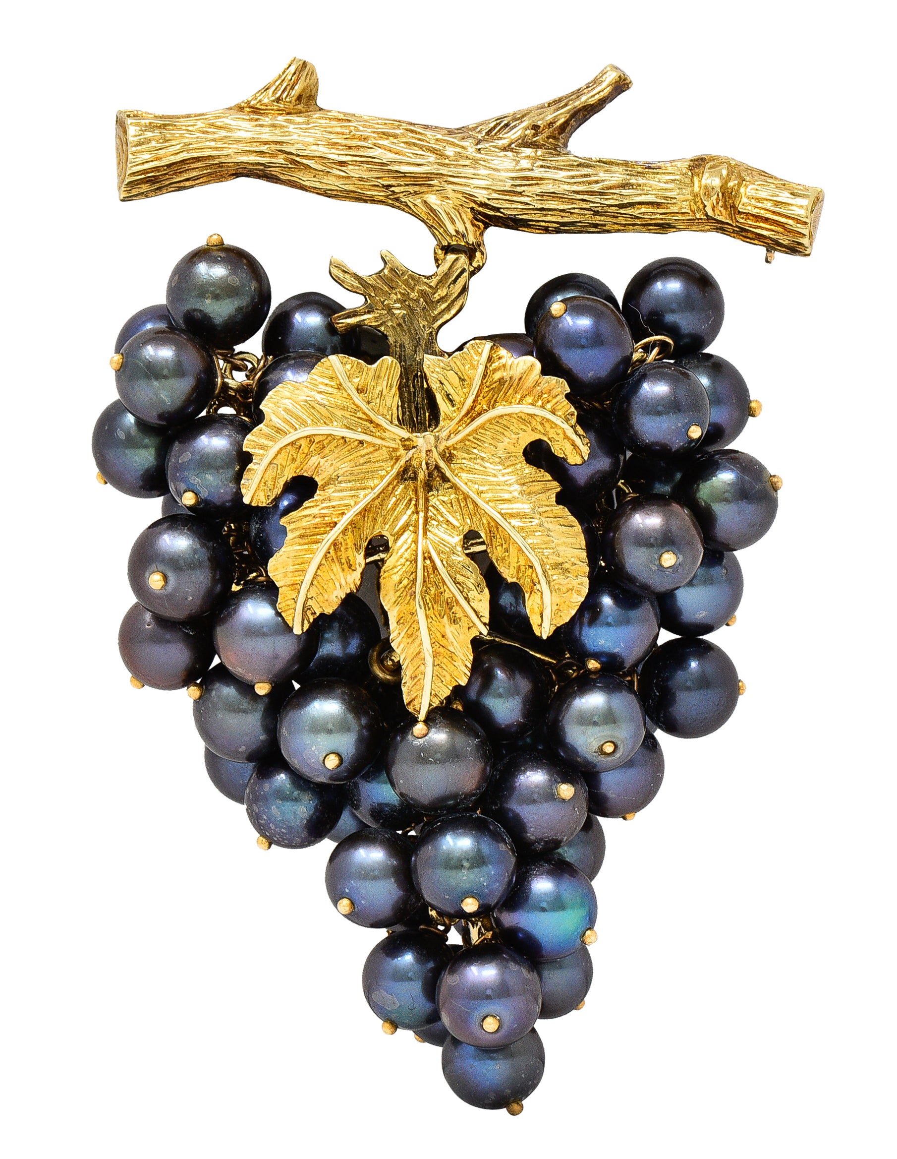 Vintage Tahitian Pearl 18 Karat Yellow Gold Grape Cluster Tremblant Brooch Wilson's Estate Jewelry