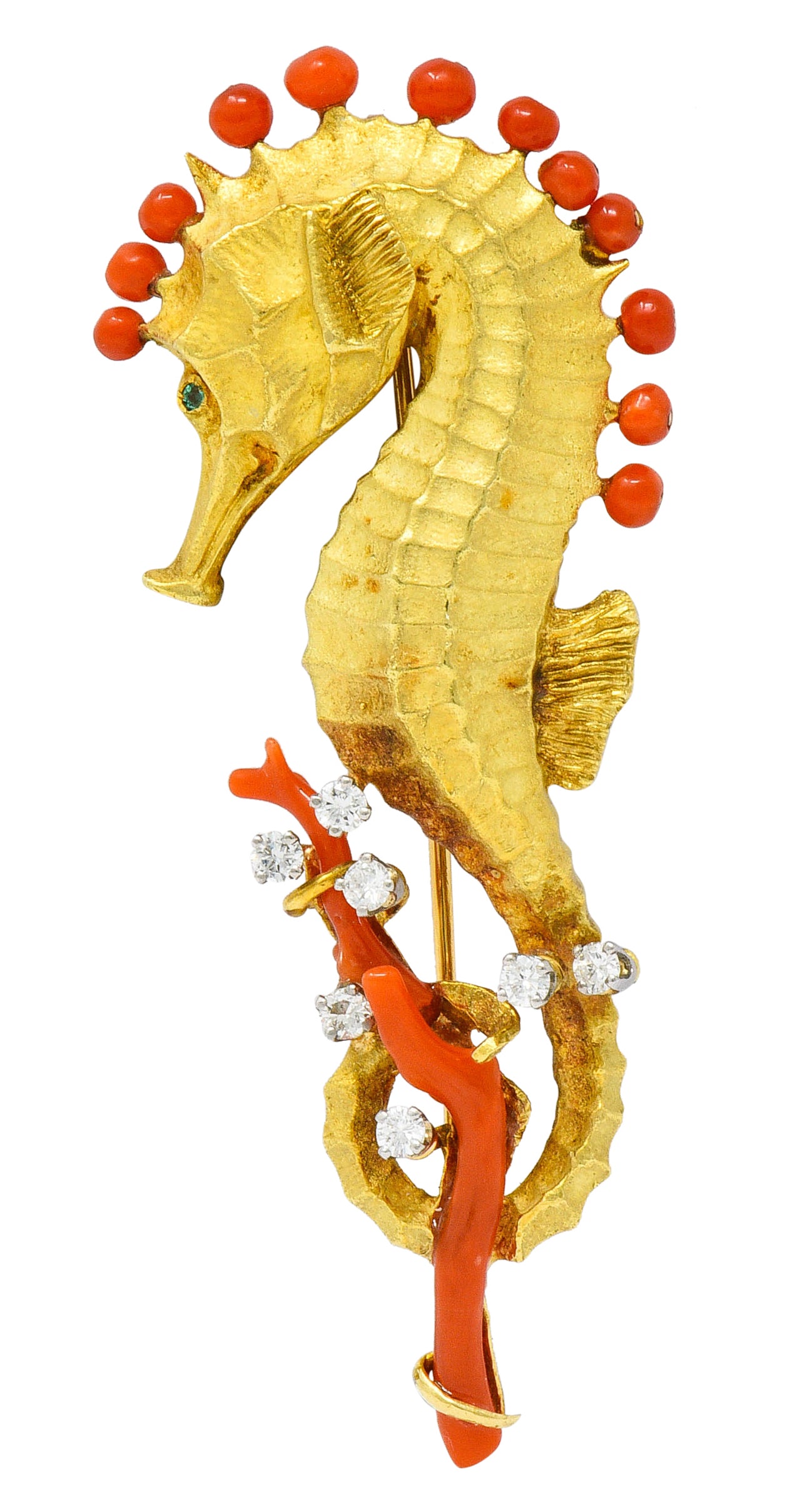 Cartier Vintage Coral Diamond Emerald 18 Karat Gold Seahorse BroochBrooch - Wilson's Estate Jewelry