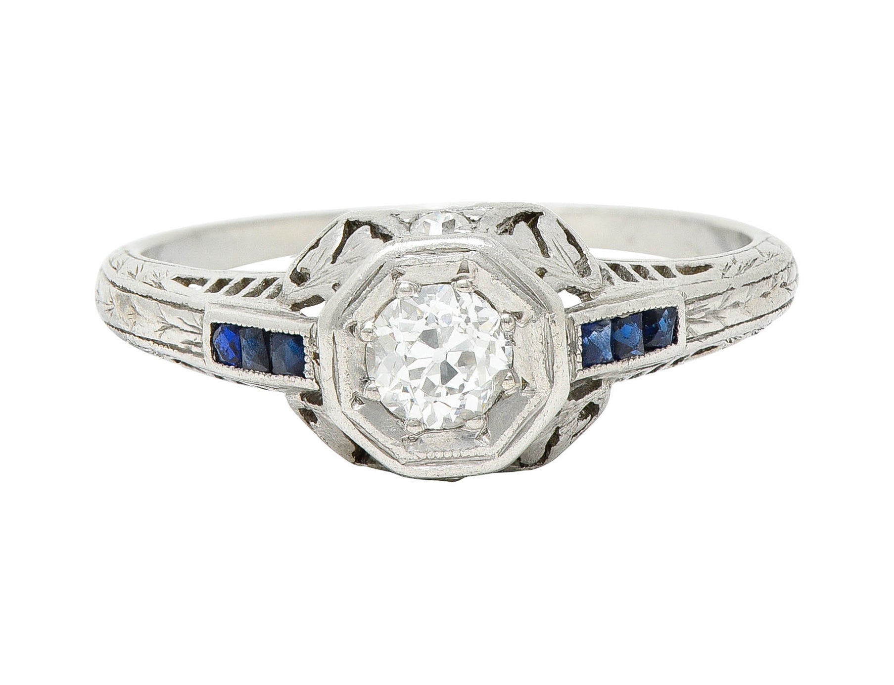 Art Deco 0.43 CTW Diamond Sapphire Platinum Octagonal Engagement RingRing - Wilson's Estate Jewelry