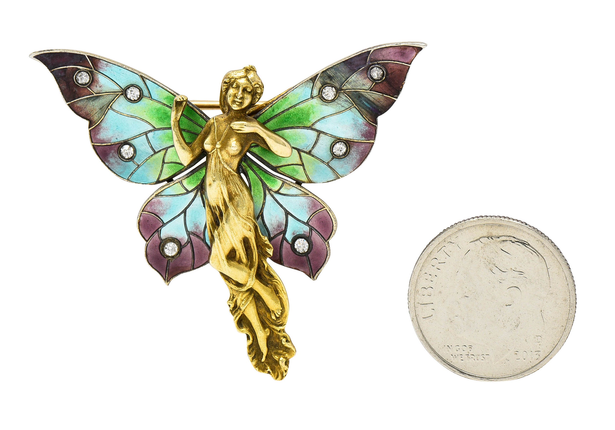 Art Nouveau Diamond Enamel 14 Karat Gold Fairy BroochBrooch - Wilson's Estate Jewelry