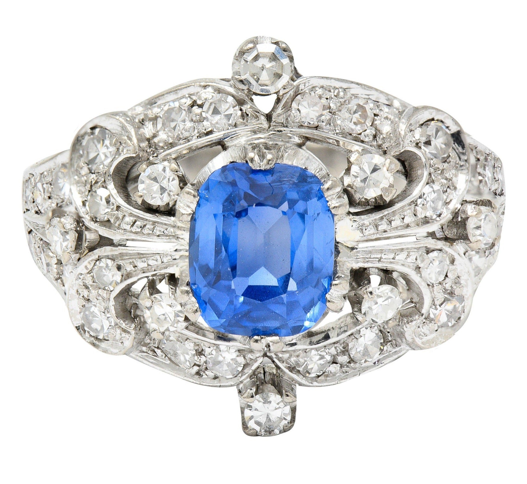 1950's Mid-Century 2.90 CTW Sapphire Diamond 18 Karat White Gold Cocktail RingRing - Wilson's Estate Jewelry