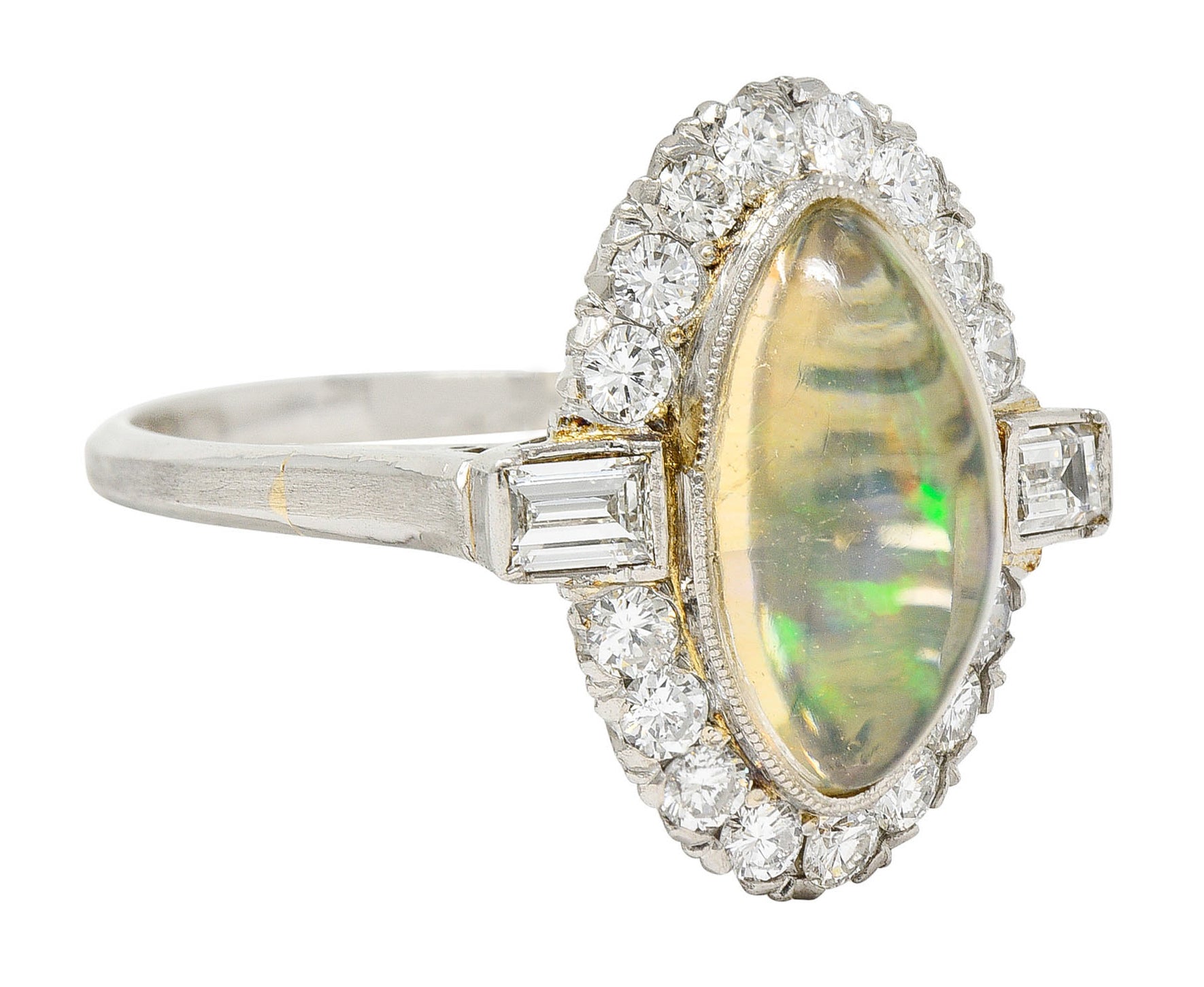 Contemporary Jelly Opal Diamond Platinum Navette Cluster RingRing - Wilson's Estate Jewelry