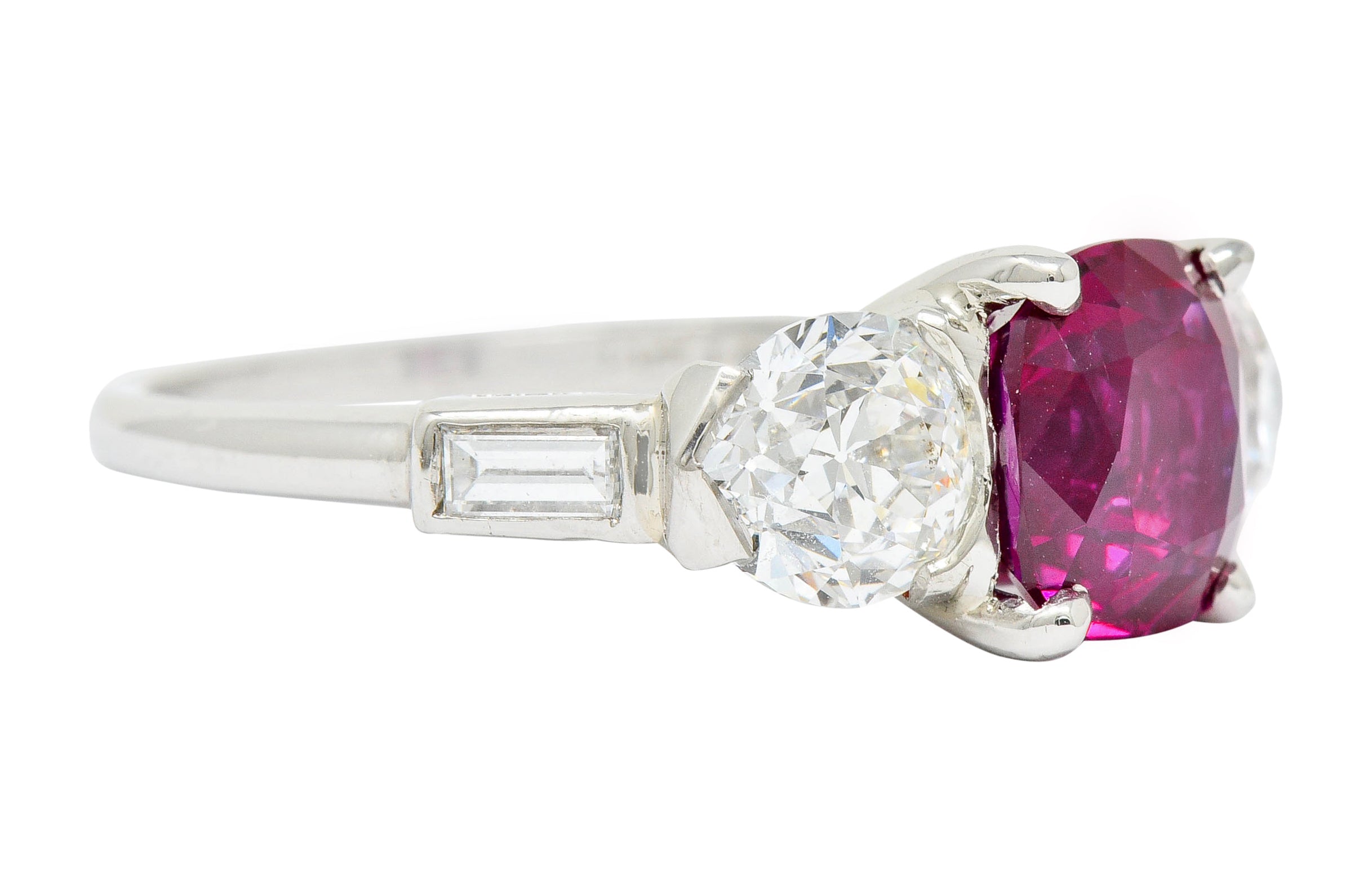 1950’s 4.06 CTW Unheated Burmese Ruby Diamond Platinum Three Stone Burma Ring AGL - Wilson's Estate Jewelry