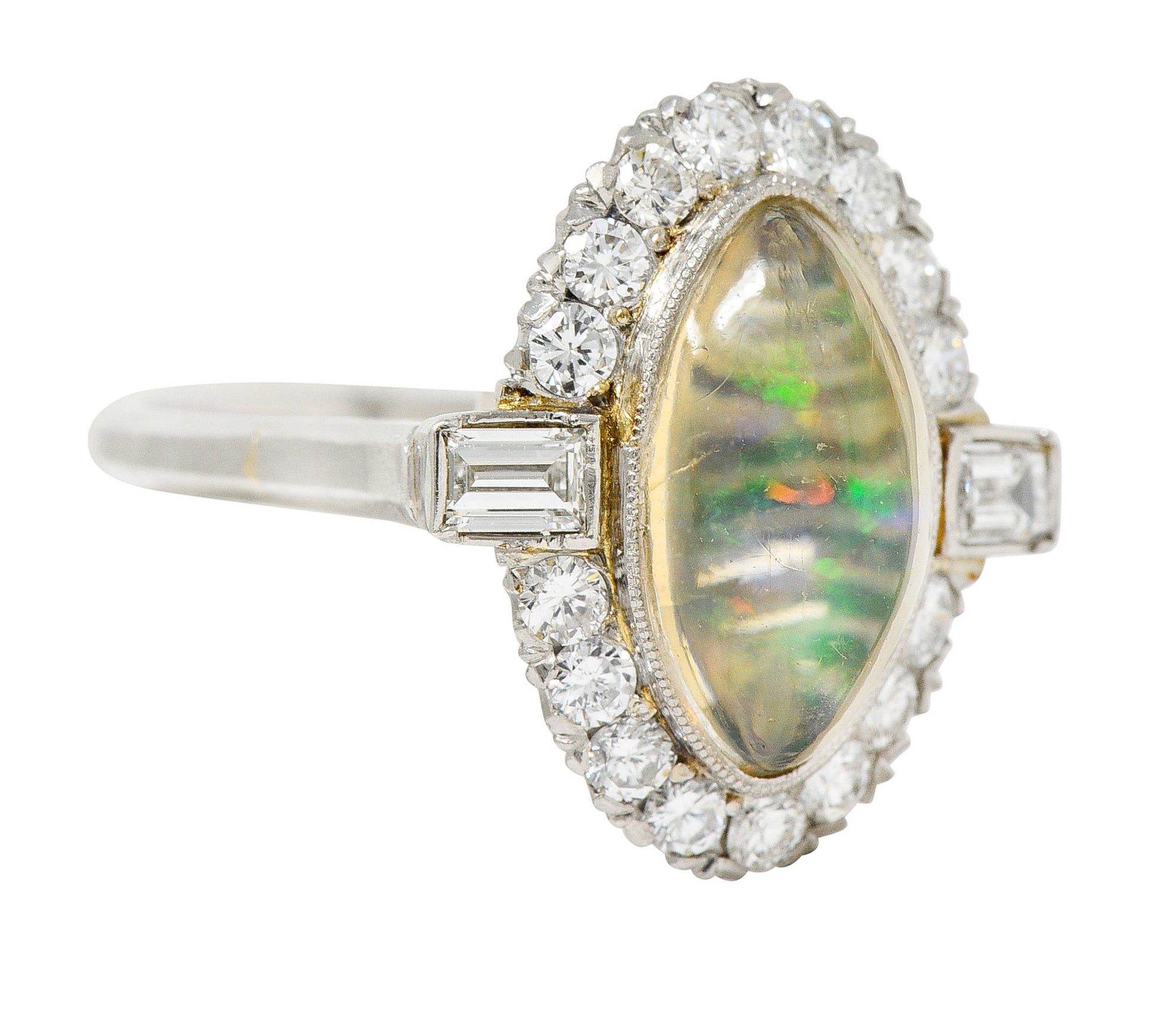 Contemporary Jelly Opal Diamond Platinum Navette Cluster RingRing - Wilson's Estate Jewelry