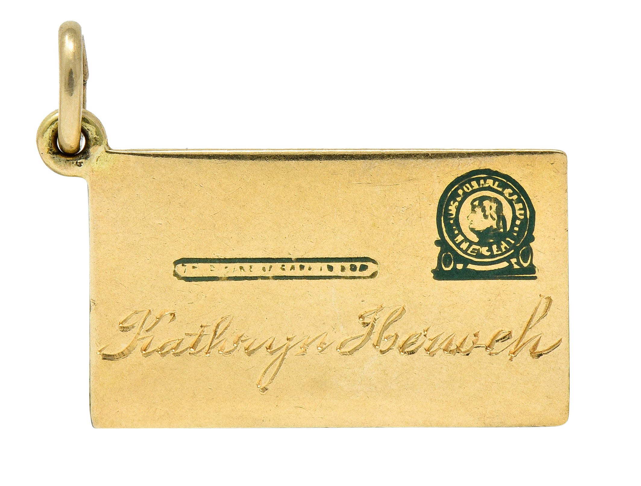 Retro 14 Karat Gold Jefferson Postal Card Charm Circa 1940scharm - Wilson's Estate Jewelry