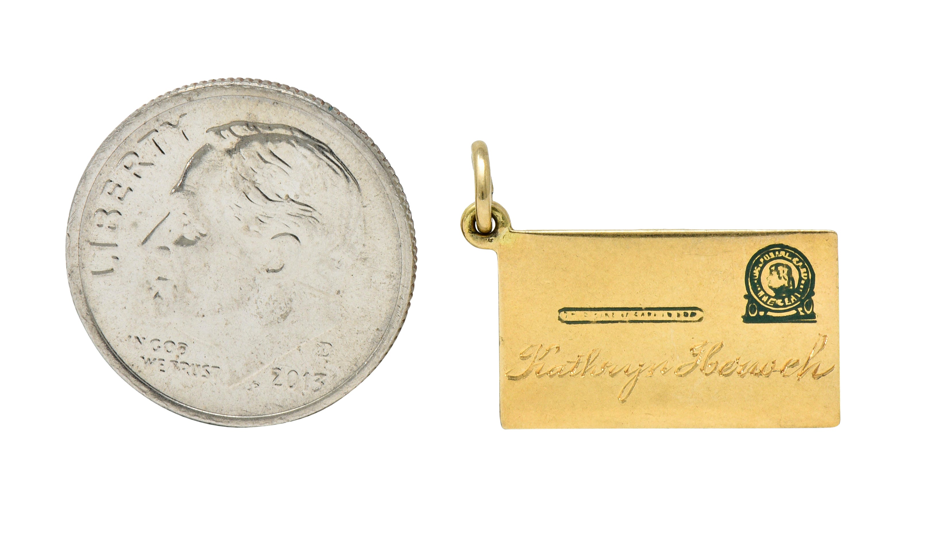 Retro 14 Karat Gold Jefferson Postal Card Charm Circa 1940scharm - Wilson's Estate Jewelry