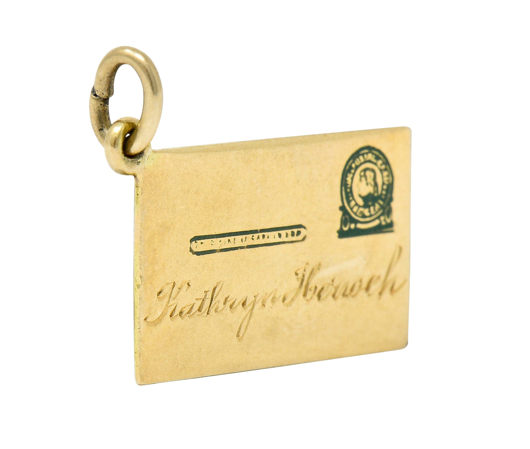 Retro 14 Karat Gold Jefferson Postal Card Charm Circa 1940scharm - Wilson's Estate Jewelry