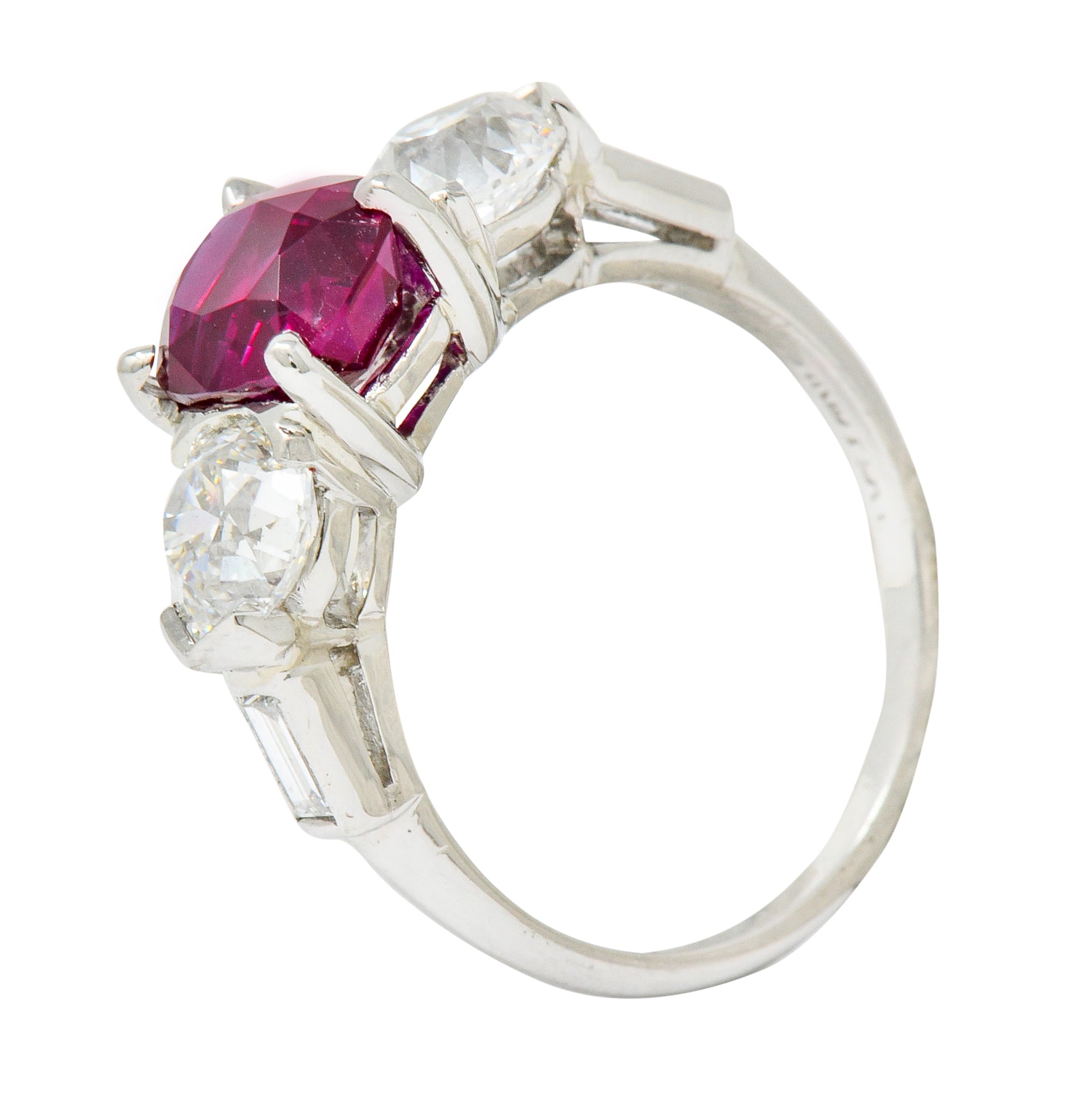 1950’s 4.06 CTW Unheated Burmese Ruby Diamond Platinum Three Stone Burma Ring AGL - Wilson's Estate Jewelry