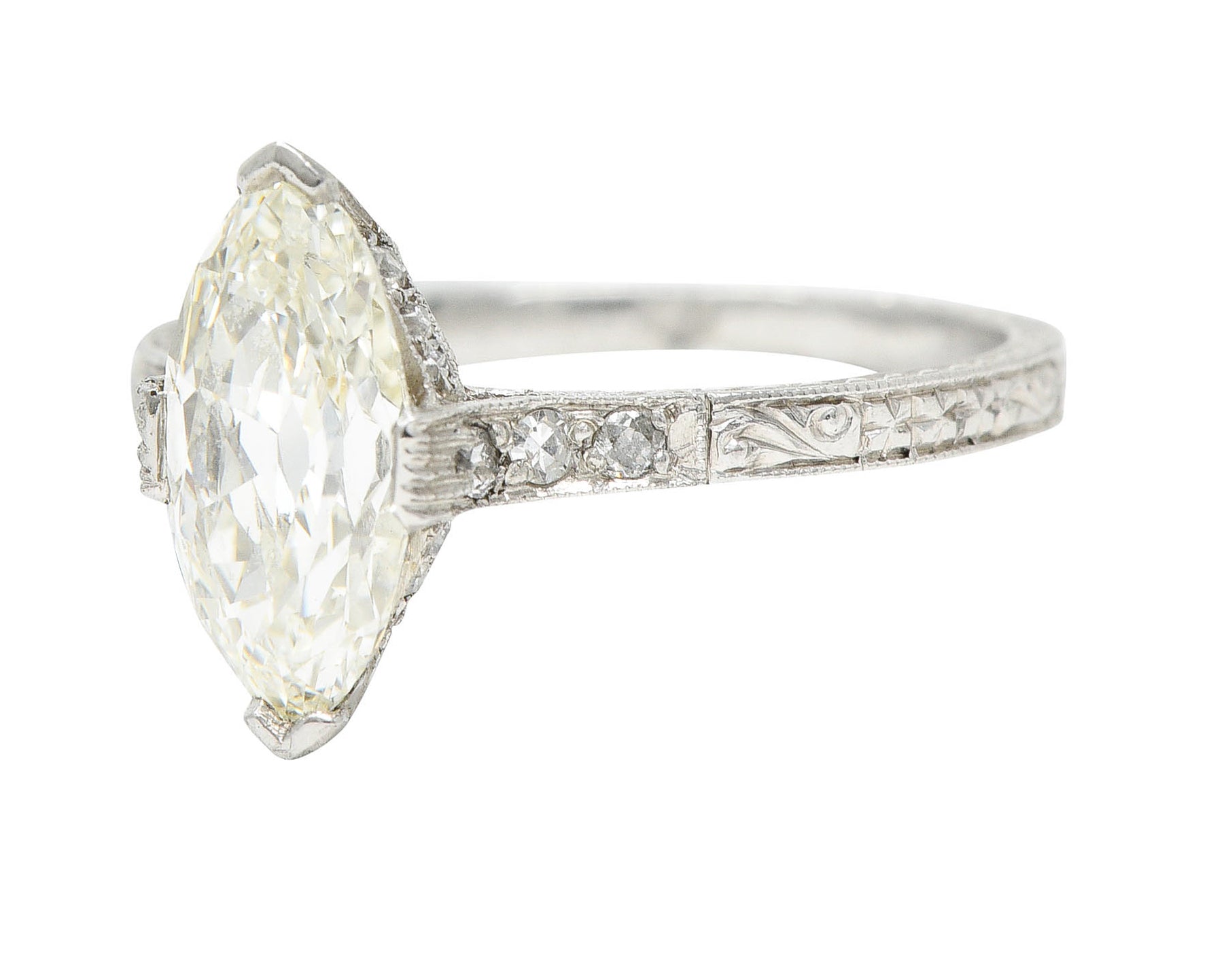 Art Deco 1.46 CTW Marquise Diamond Platinum Engraved Engagement RingRing - Wilson's Estate Jewelry