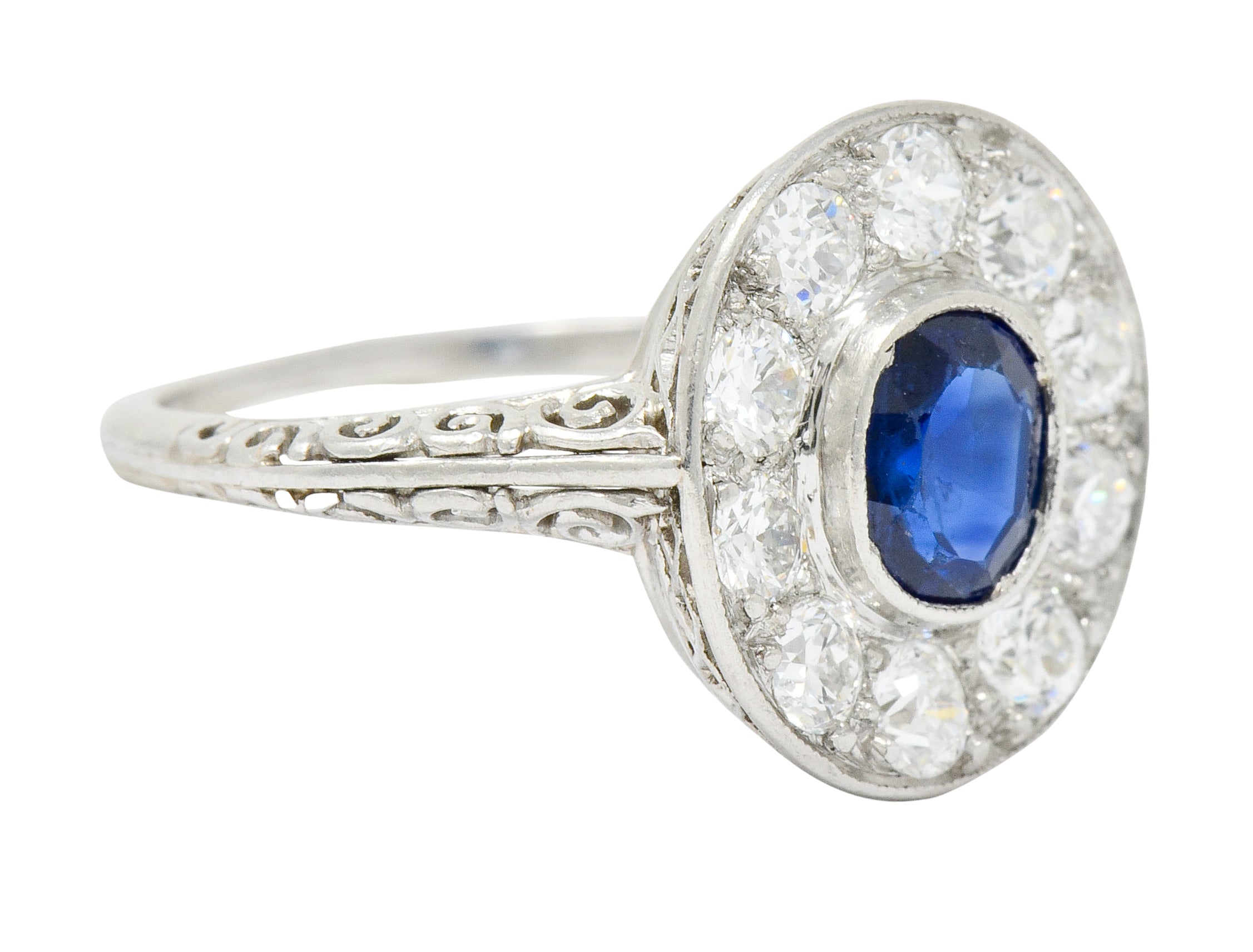 Art Deco 1.70 CTW Sapphire Diamond Platinum Halo Dinner Ring - Wilson's Estate Jewelry