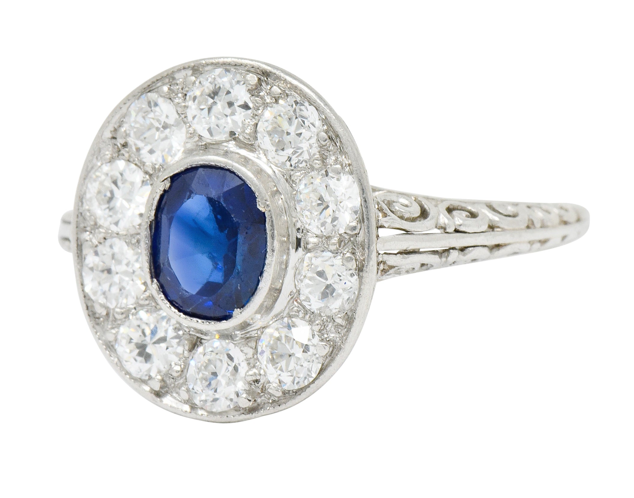 Art Deco 1.70 CTW Sapphire Diamond Platinum Halo Dinner Ring - Wilson's Estate Jewelry