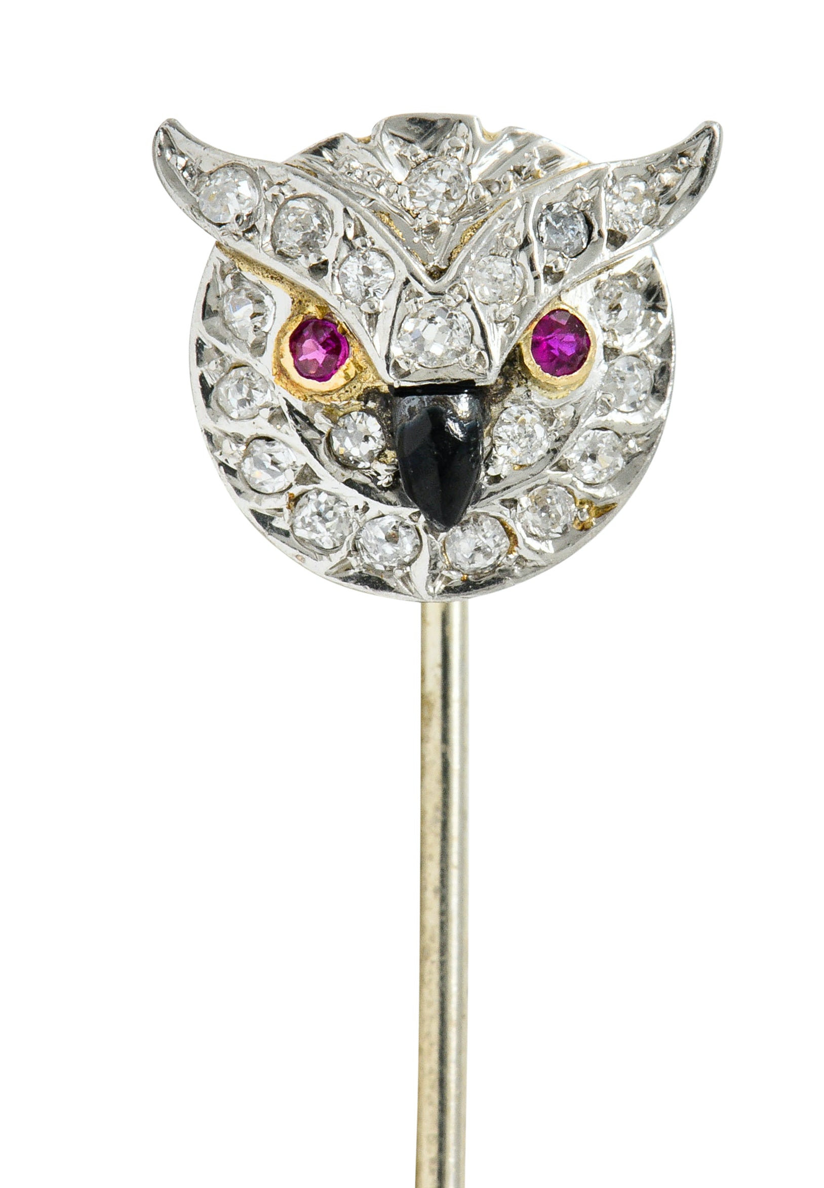 Edwardian Diamond Ruby Onyx Platinum-Topped 14 Karat Gold Owl StickpinStick Pin - Wilson's Estate Jewelry