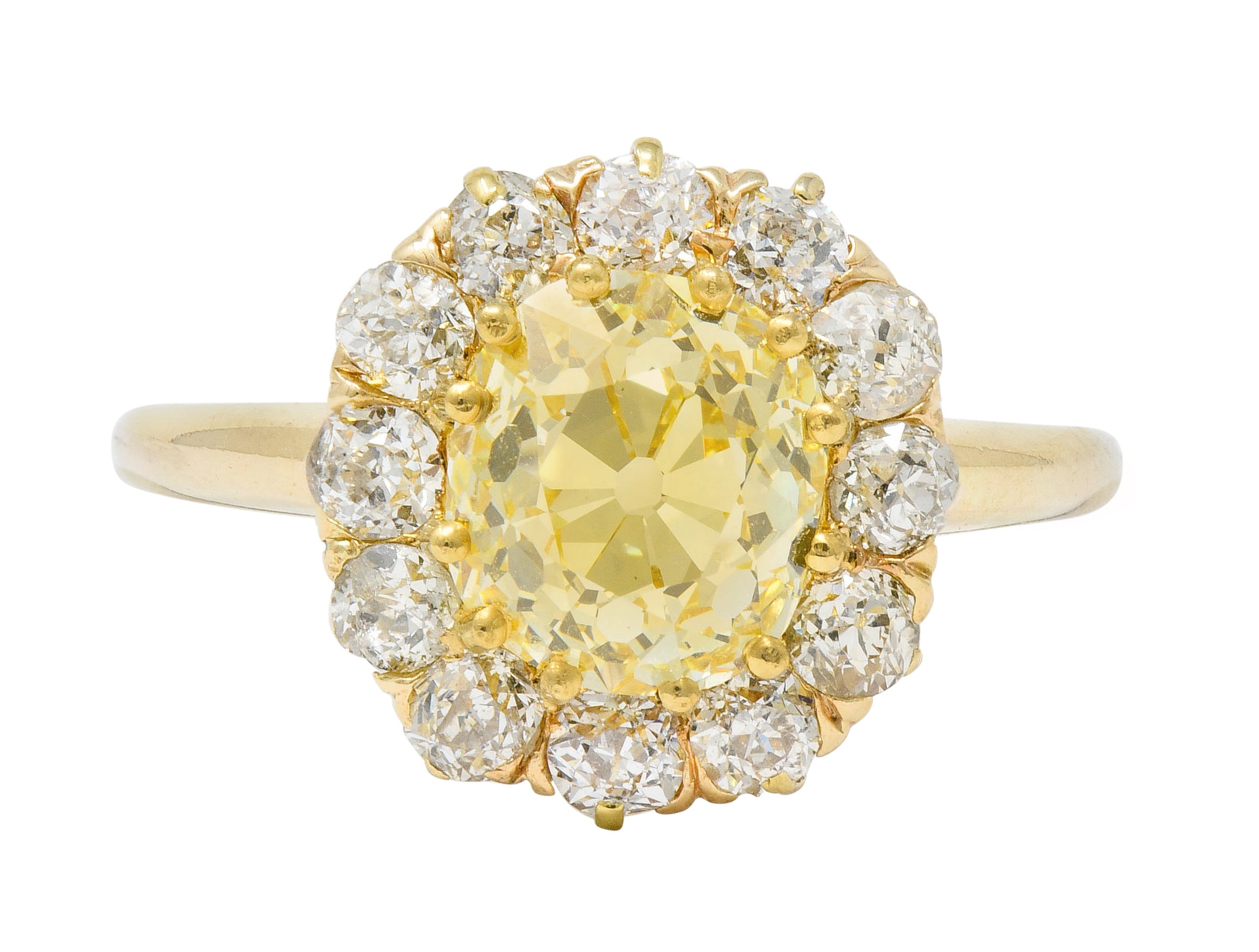 Victorian 2.59 CTW Fancy Yellow Diamond 14 Karat Gold Cluster Engagement Ring GIA Wilson's Estate Jewelry