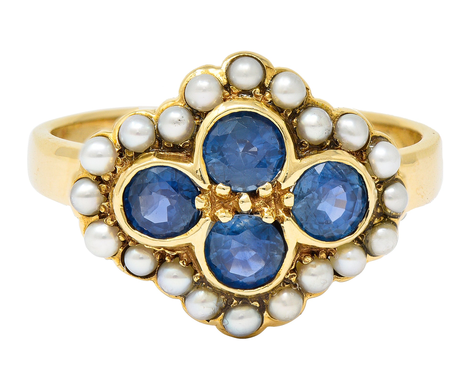 1880's Victorian 1.50 CTW Sapphire Seed Pearl 14 Karat Yellow Gold Antique Cluster Ring Wilson's Estate Jewelry