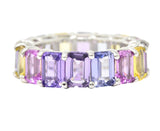 12.16 CTW Multi-Color Pink Purple Blue Emerald Cut Sapphire 18 Karat White Gold Pastel Eternity Band Ring Wilson's Estate Jewelry
