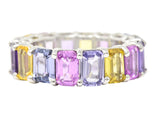 12.16 CTW Multi-Color Pink Purple Blue Emerald Cut Sapphire 18 Karat White Gold Pastel Eternity Band Ring Wilson's Estate Jewelry