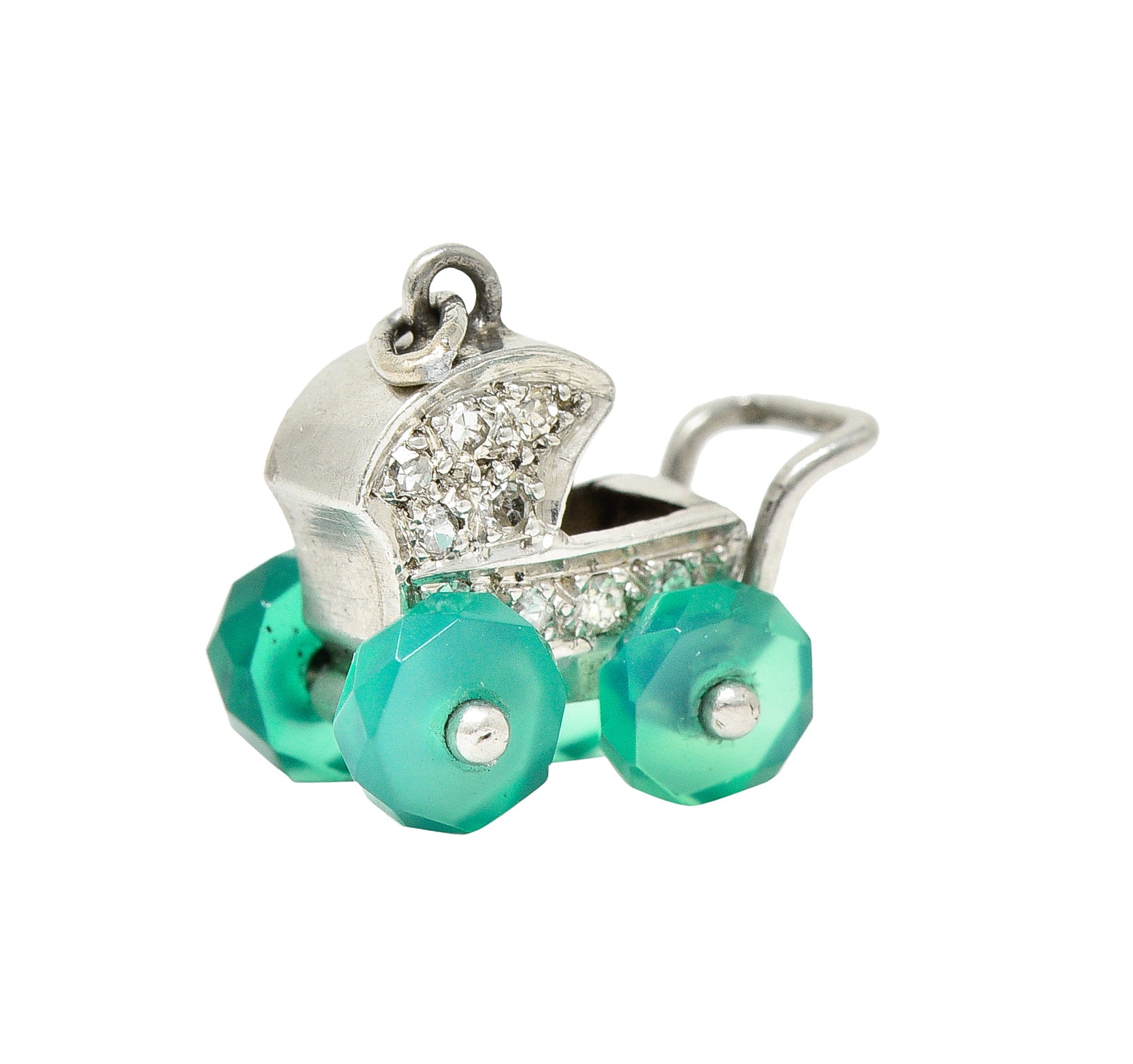 Art Deco Diamond Emerald Platinum Baby Carriage Vintage 1930's Charm Wilson's Estate Jewelry