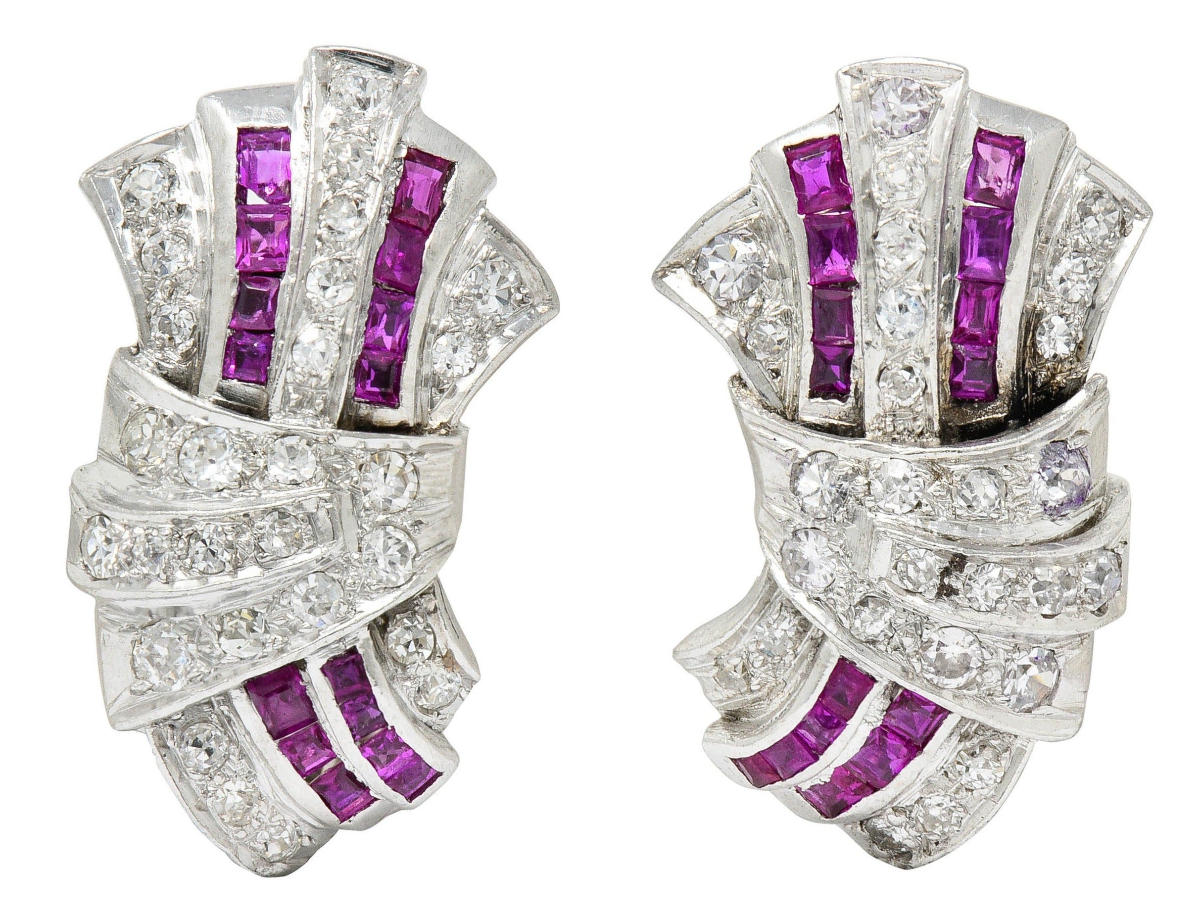 Art Deco 2.25 CTW Ruby Diamond Platinum Flared Earrings Circa 1930Earrings - Wilson's Estate Jewelry