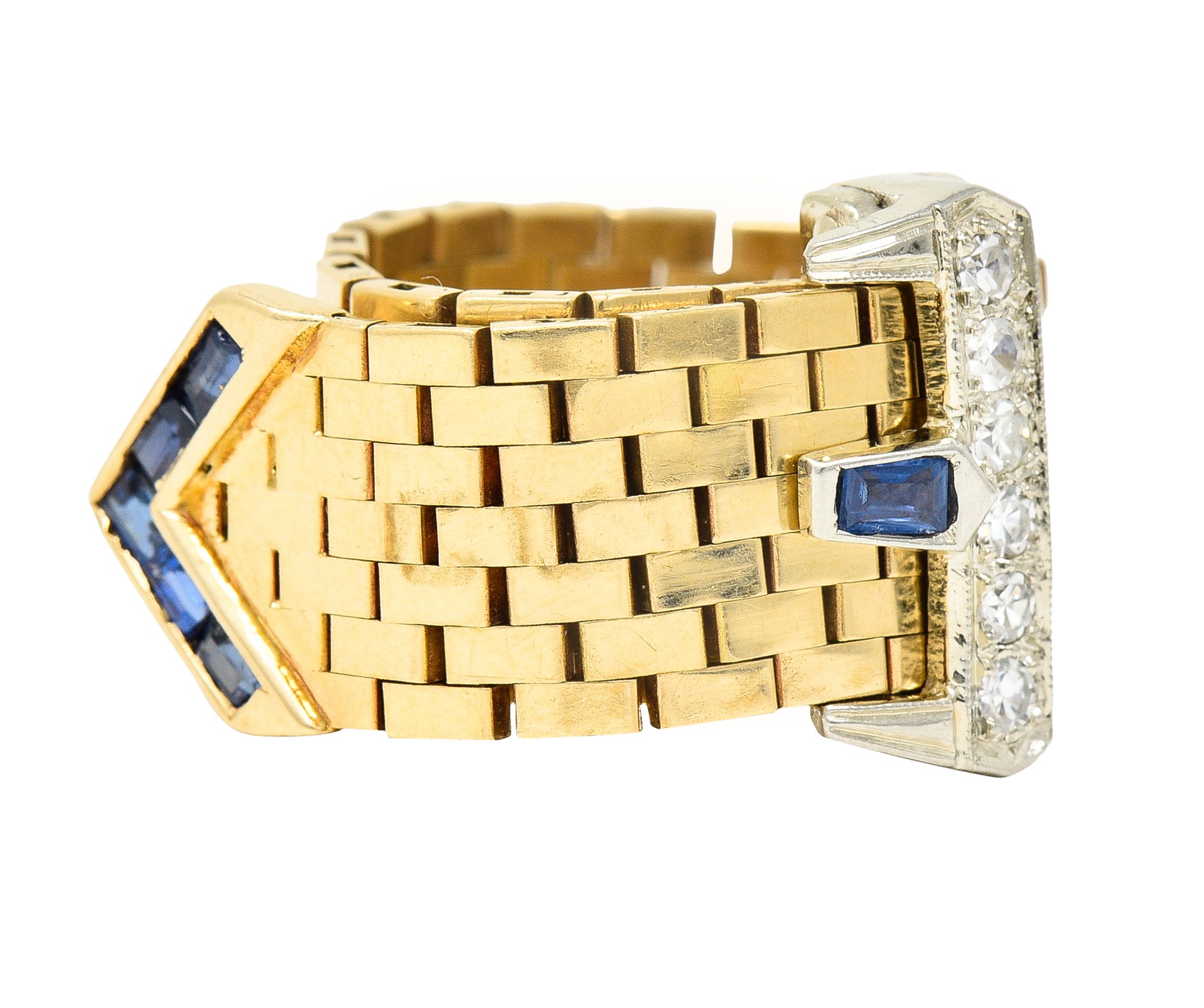 Retro 0.54 CTW Sapphire Diamond 14 Karat Two-Tone Gold Vintage Buckle Ring Wilson's Estate Jewelry