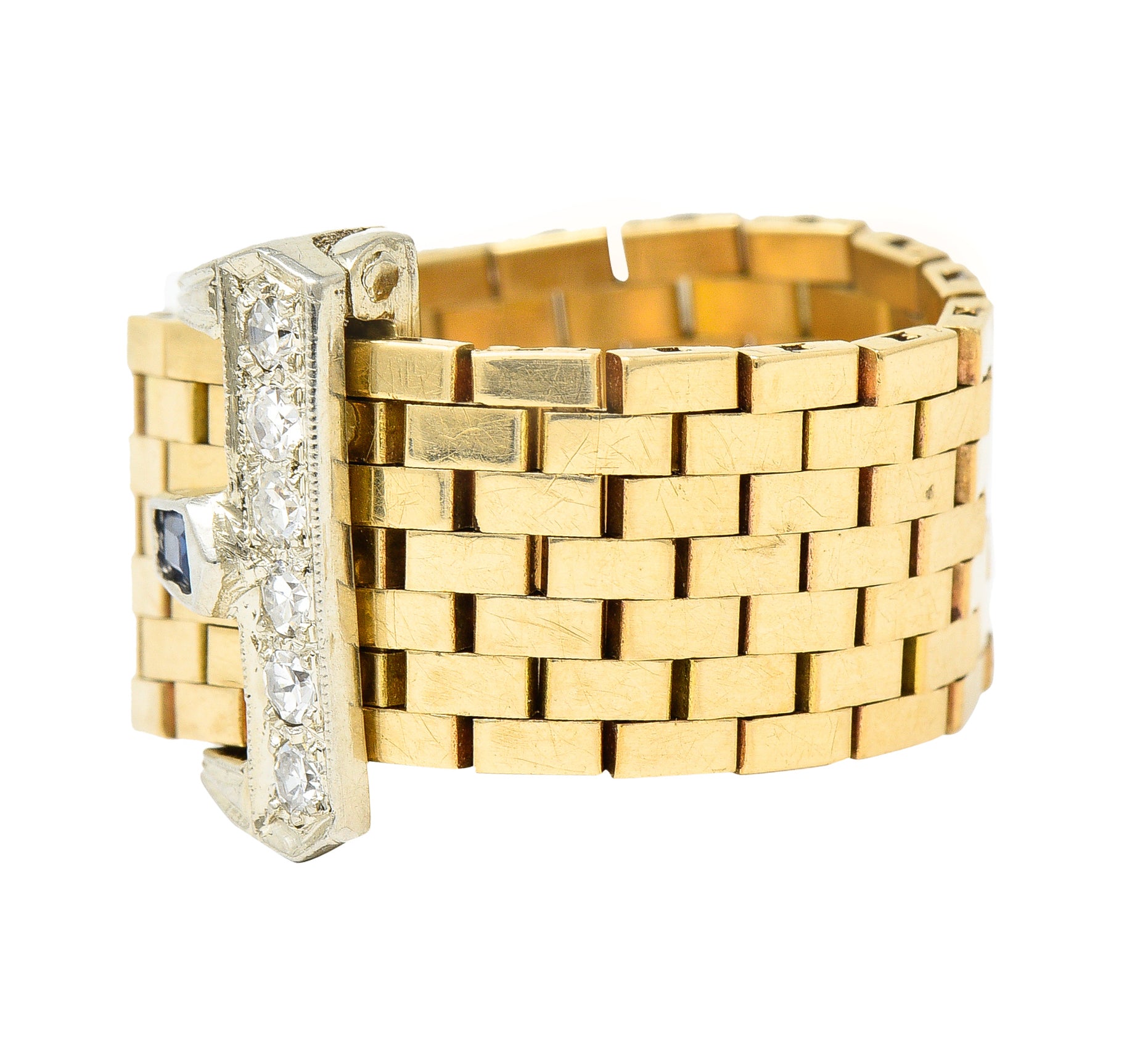 Retro 0.54 CTW Sapphire Diamond 14 Karat Two-Tone Gold Vintage Buckle Ring Wilson's Estate Jewelry