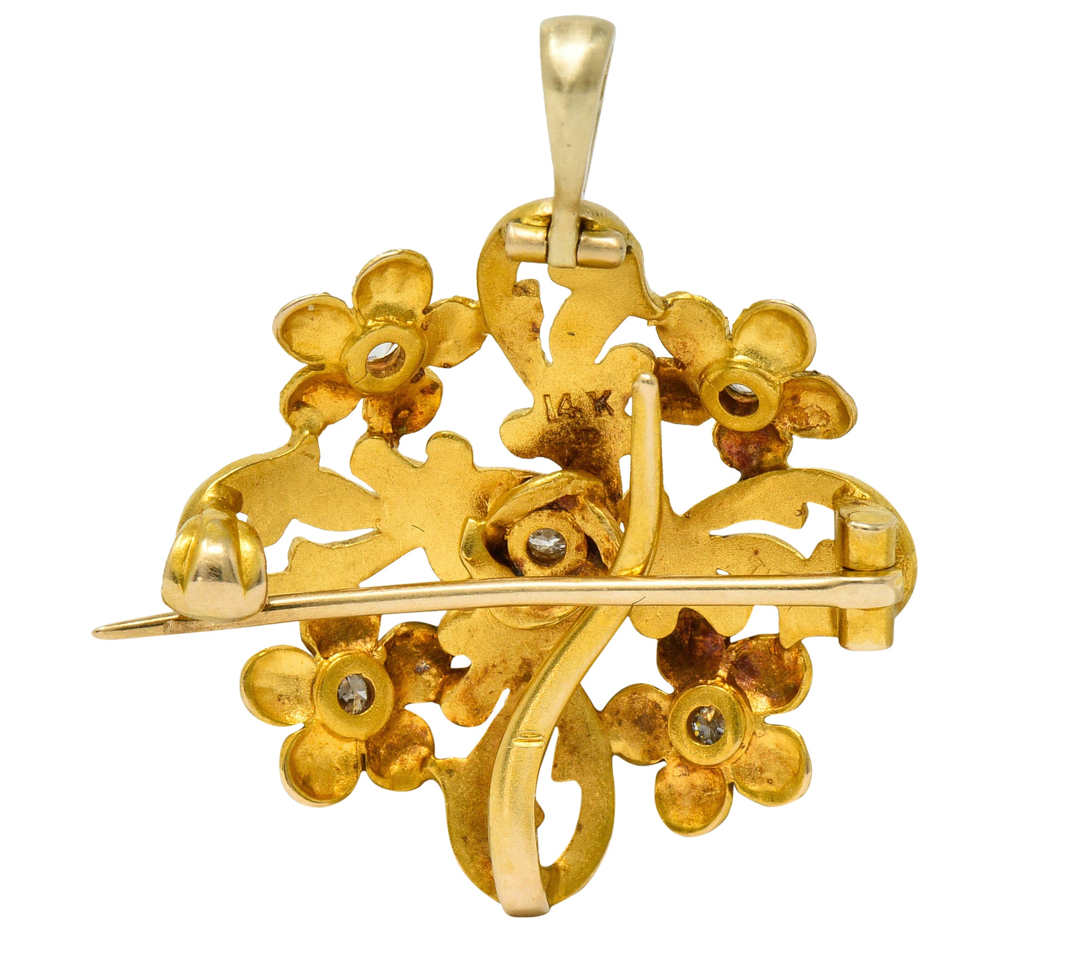 Art Nouveau Diamond 14 Karat Gold Whiplash Floral Pendant BroochBrooch - Wilson's Estate Jewelry