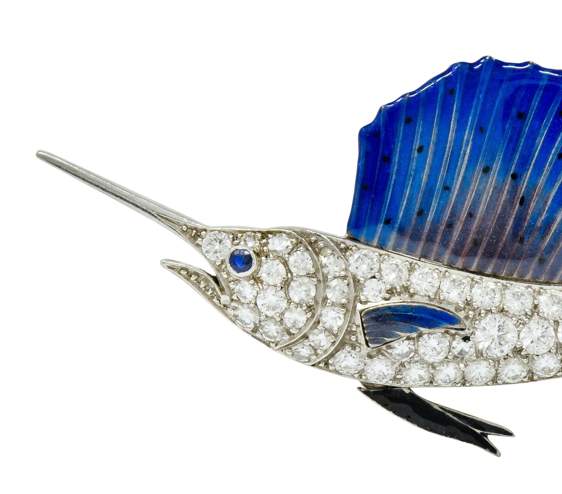 Art Deco 2.60 CTW Diamond Blue Enamel Platinum Swordfish Brooch - Wilson's Estate Jewelry