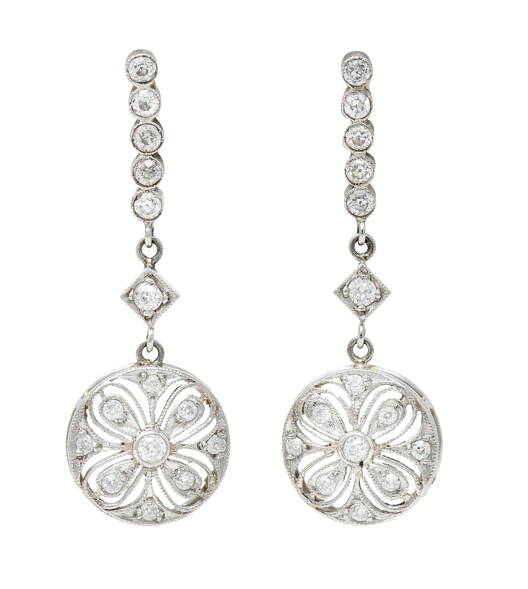 Art Deco Old European Cut Diamond Platinum Flower Drop EarringsEarrings - Wilson's Estate Jewelry