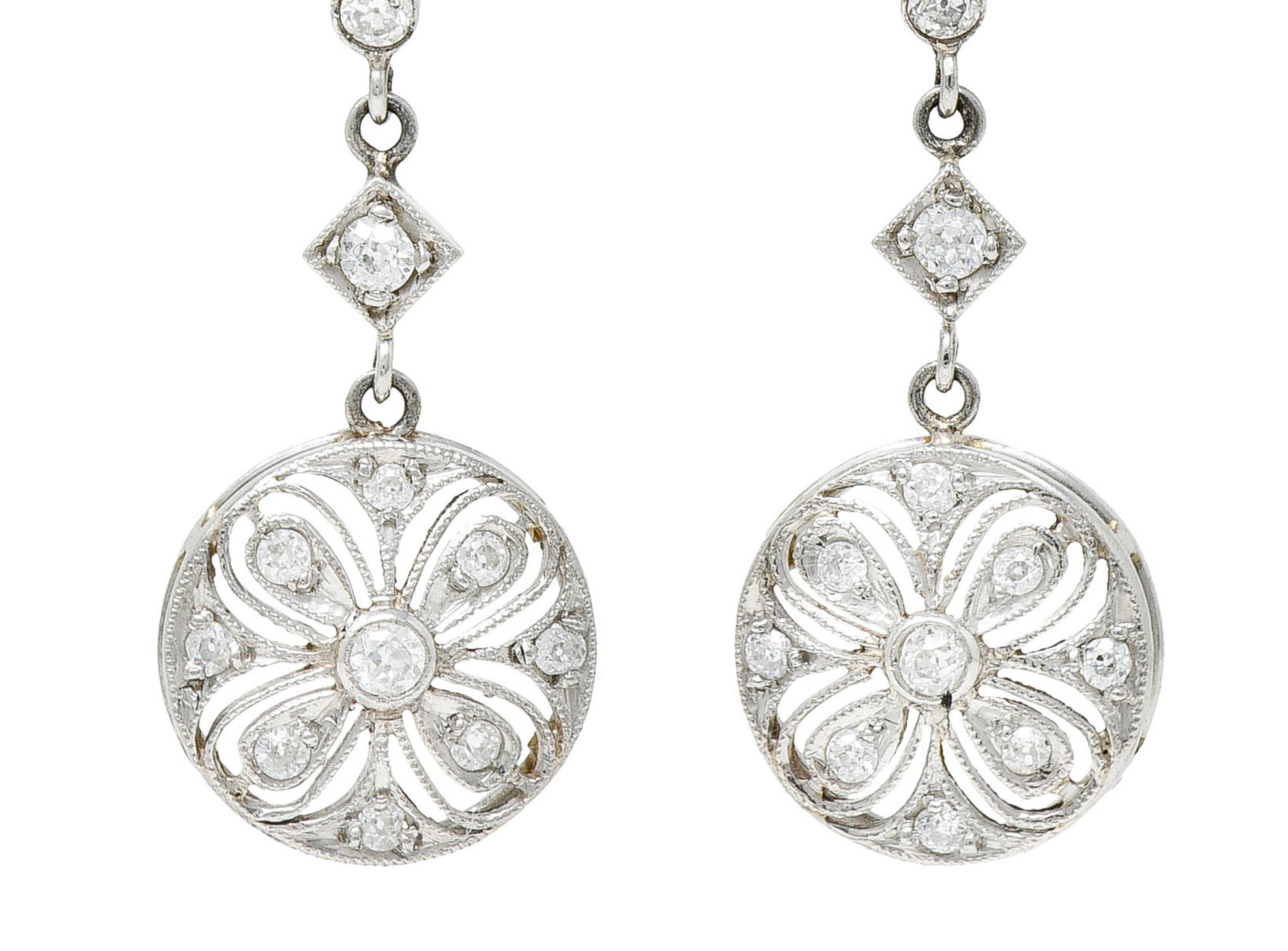 Art Deco Old European Cut Diamond Platinum Flower Drop EarringsEarrings - Wilson's Estate Jewelry