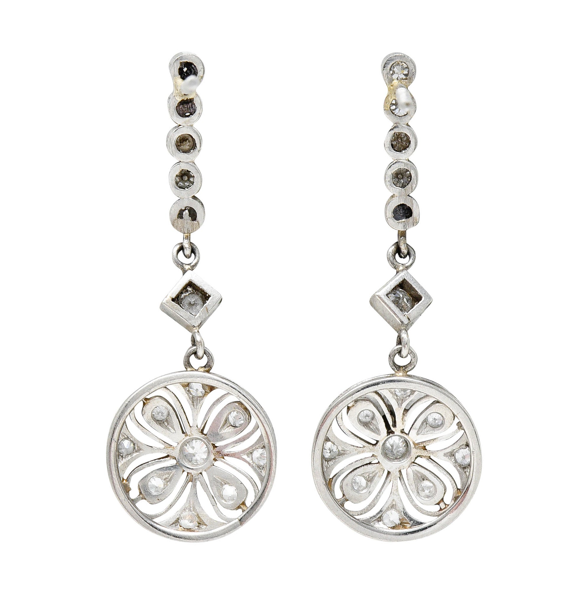 Art Deco Old European Cut Diamond Platinum Flower Drop EarringsEarrings - Wilson's Estate Jewelry