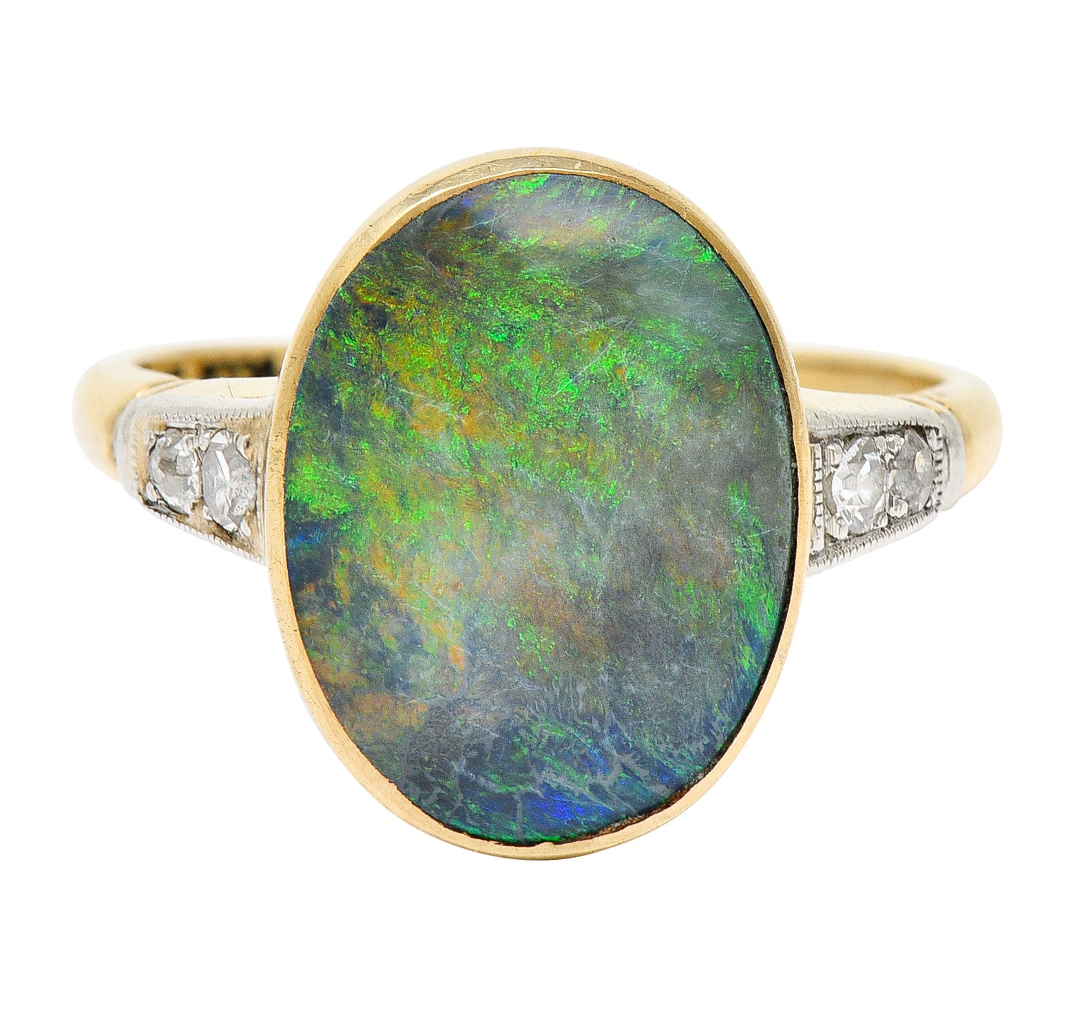 Art Deco Black Opal Diamond Platinum-Topped 14 Karat Gold Cabochon Ring Wilson's Estate Jewelry