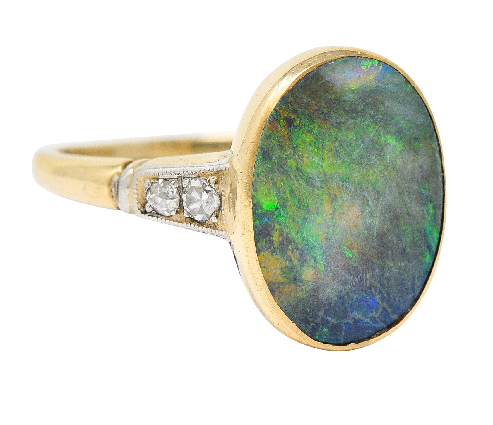 Art Deco Black Opal Diamond Platinum-Topped 14 Karat Gold Cabochon Ring Wilson's Estate Jewelry