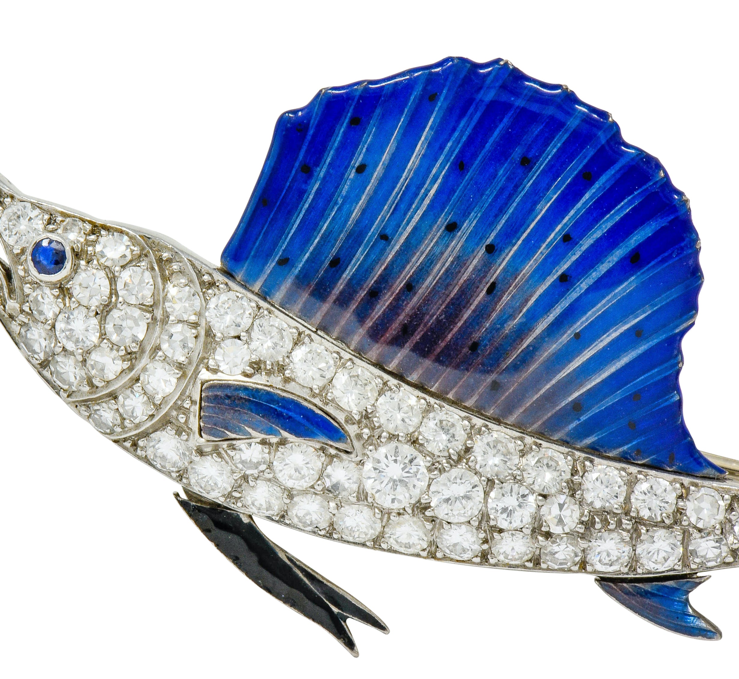 Art Deco 2.60 CTW Diamond Blue Enamel Platinum Swordfish Brooch - Wilson's Estate Jewelry