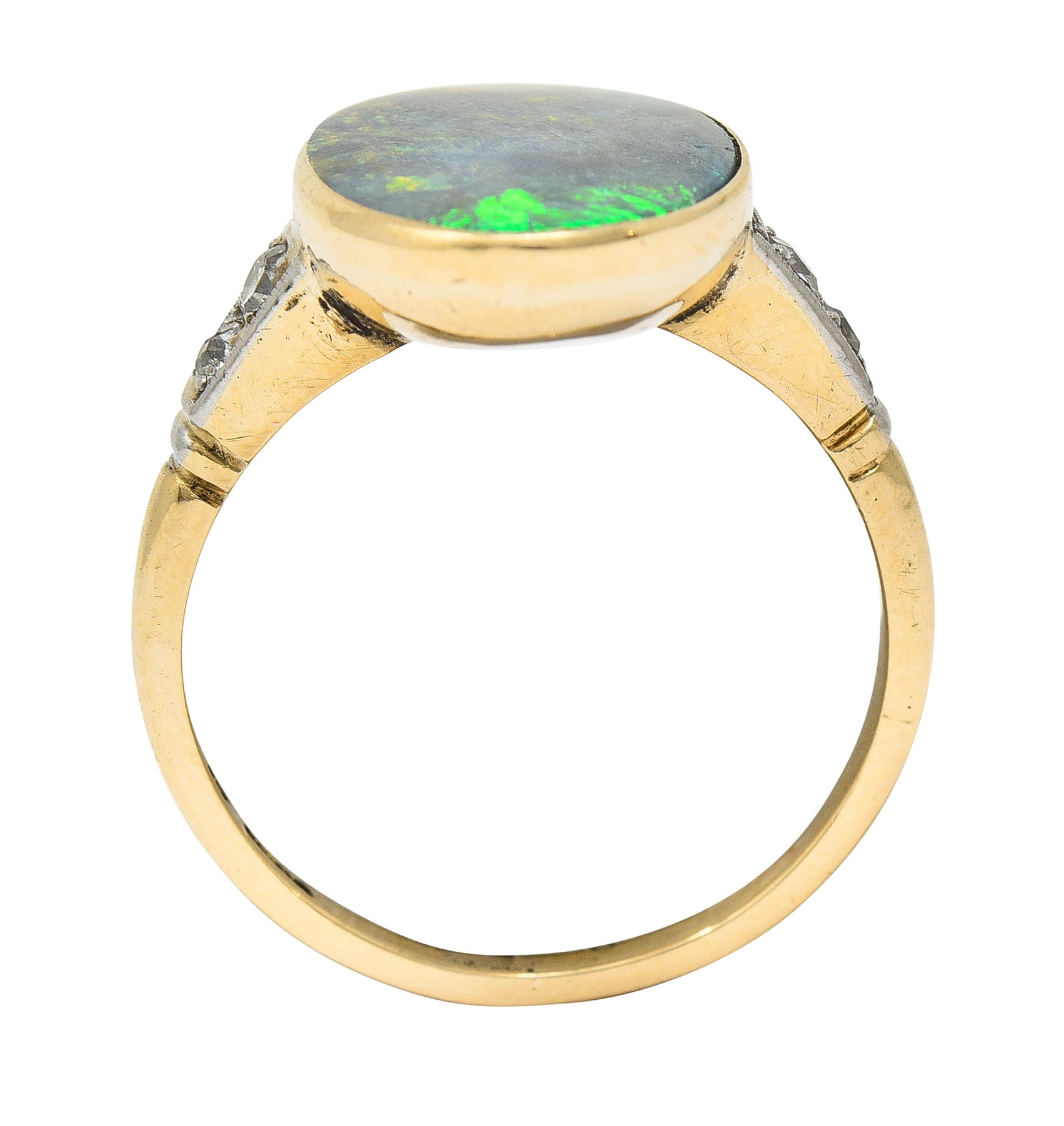 Art Deco Black Opal Diamond Platinum-Topped 14 Karat Gold Cabochon Ring Wilson's Estate Jewelry