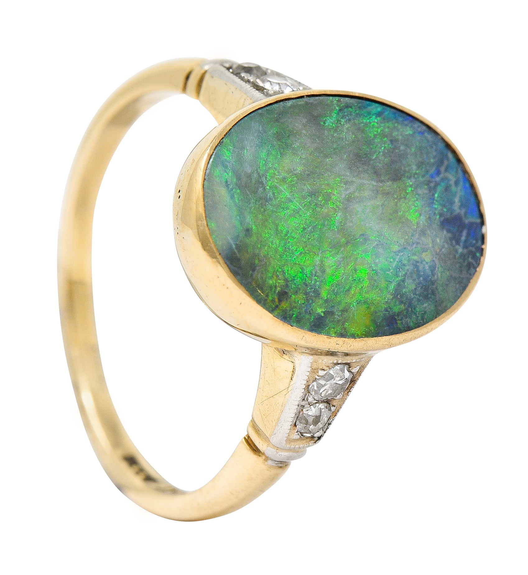 Art Deco Black Opal Diamond Platinum-Topped 14 Karat Gold Cabochon Ring Wilson's Estate Jewelry