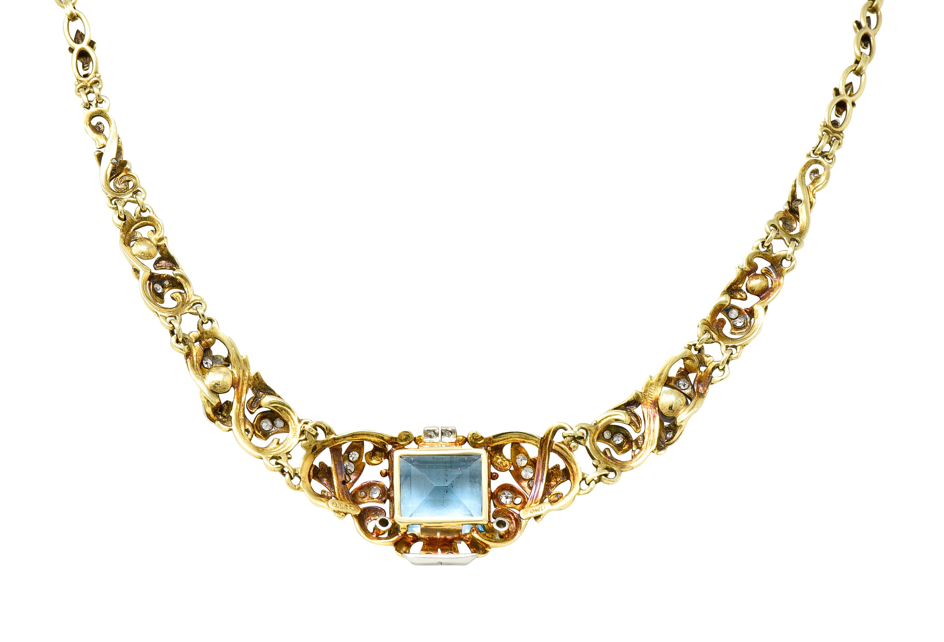 Edwardian 9.71 CTW Step-Cut Aquamarine Diamond Pearl Platinum 14 Karat Yellow Gold Fleur-De-Lis Antique Station Necklace Wilson's Estate Jewelry