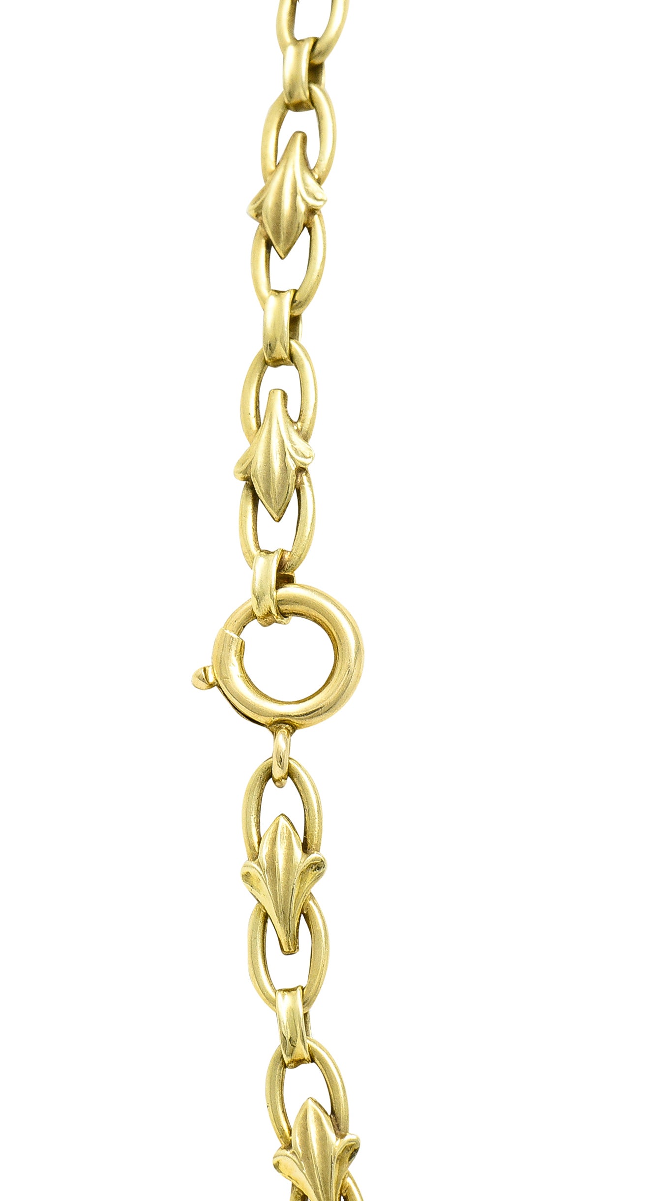 Edwardian 9.71 CTW Step-Cut Aquamarine Diamond Pearl Platinum 14 Karat Yellow Gold Fleur-De-Lis Antique Station Necklace Wilson's Estate Jewelry