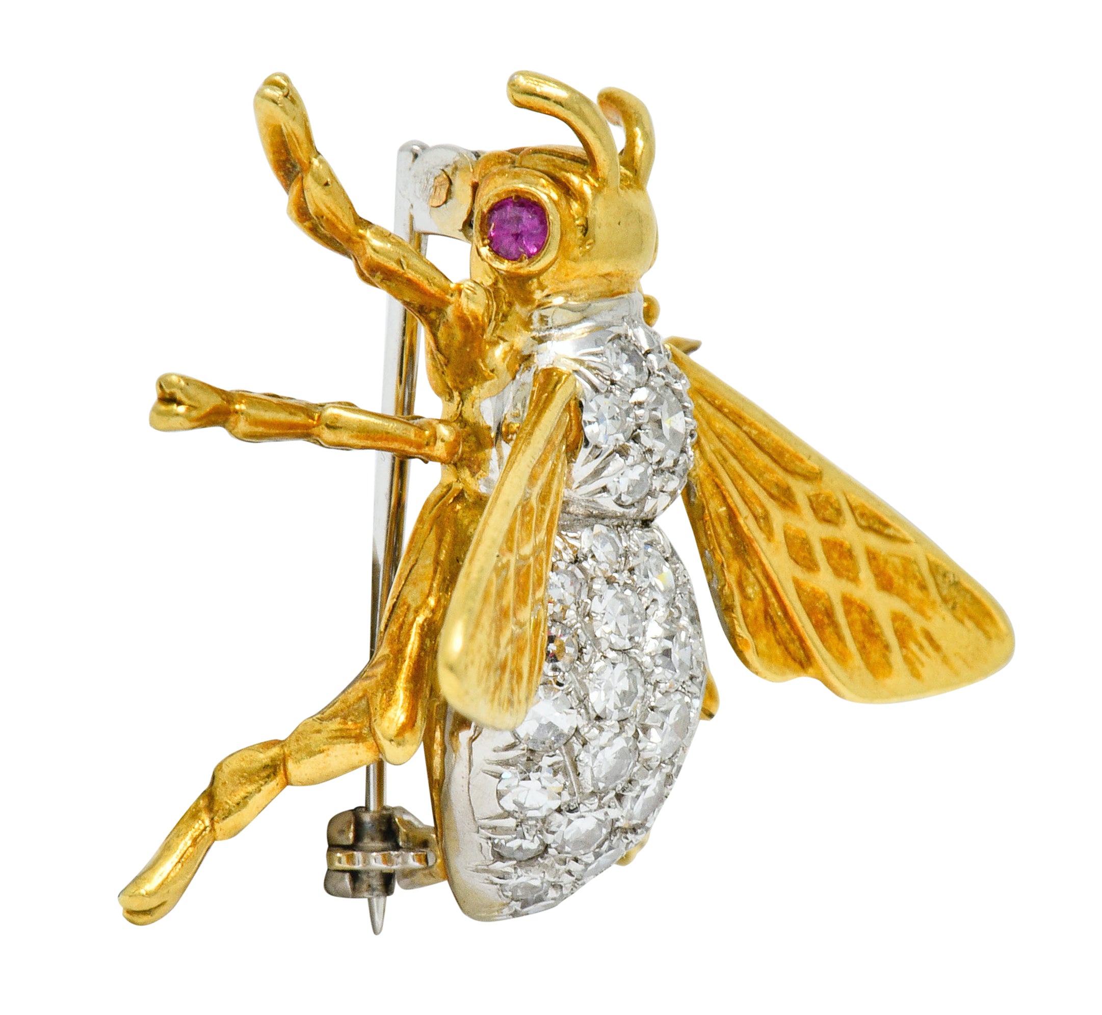 Vintage 1.75 CTW Diamond Ruby Platinum 18 Karat Gold Bee Brooch - Wilson's Estate Jewelry