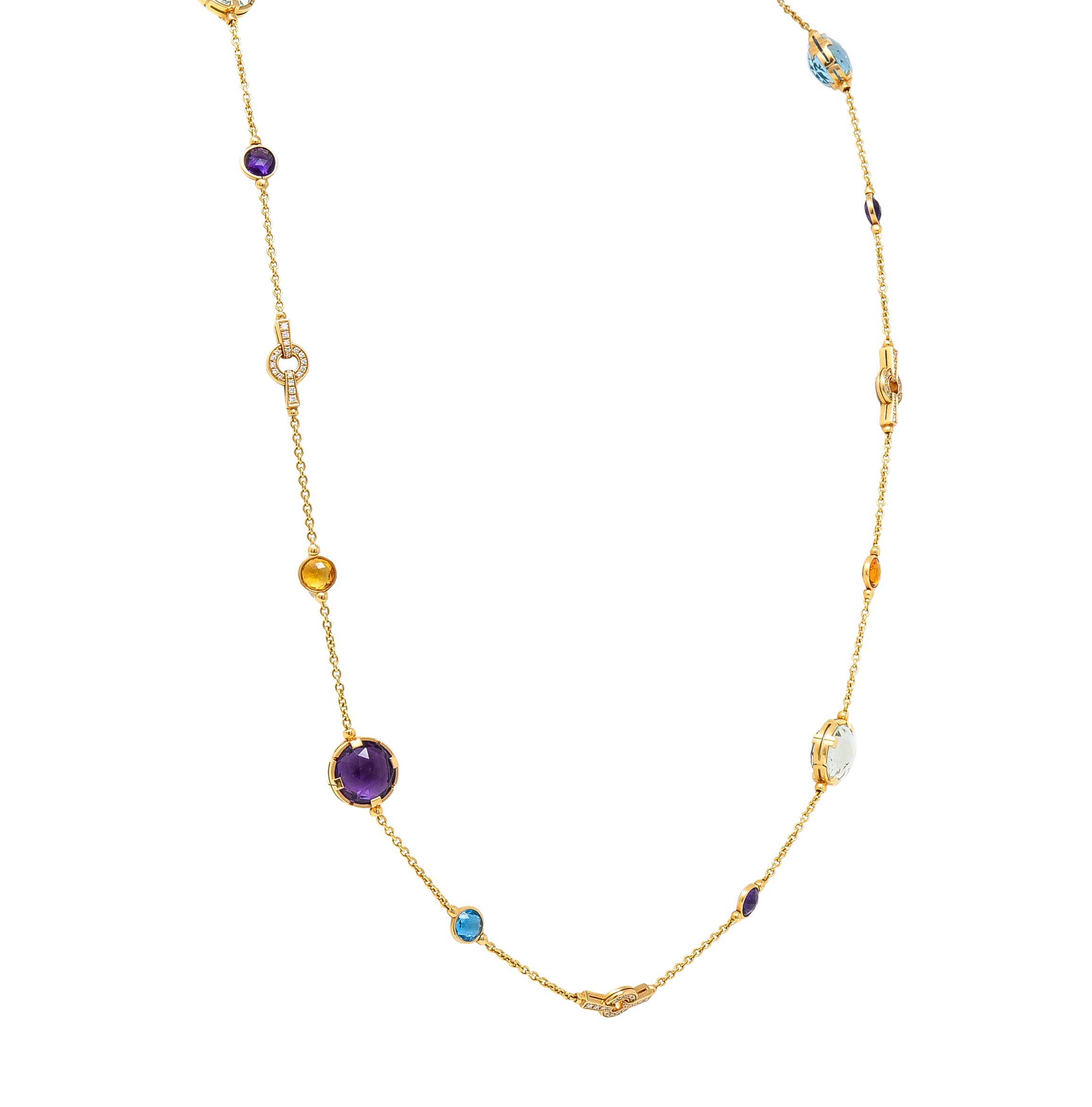 Bulgari Diamond Rose Cut Citrine Multi-Gem 18 Karat Yellow Gold Parentesi Station Necklace Wilson's Estate Jewelry