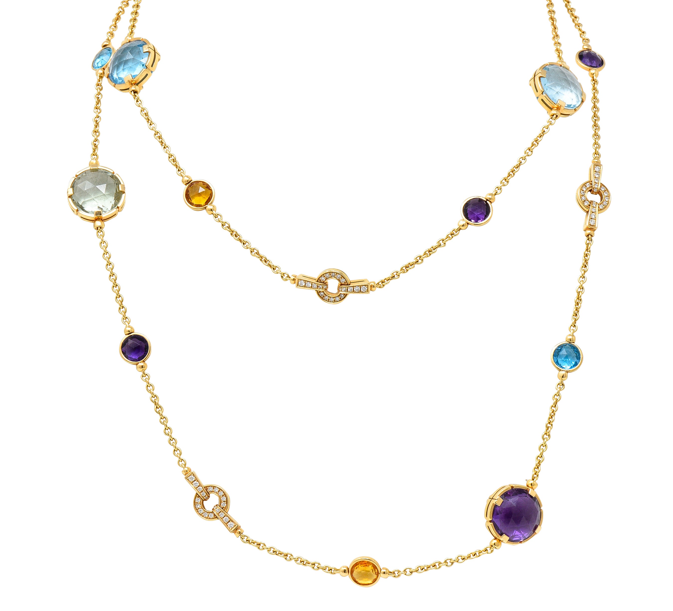 Bulgari Diamond Rose Cut Citrine Multi-Gem 18 Karat Yellow Gold Parentesi Station Necklace Wilson's Estate Jewelry