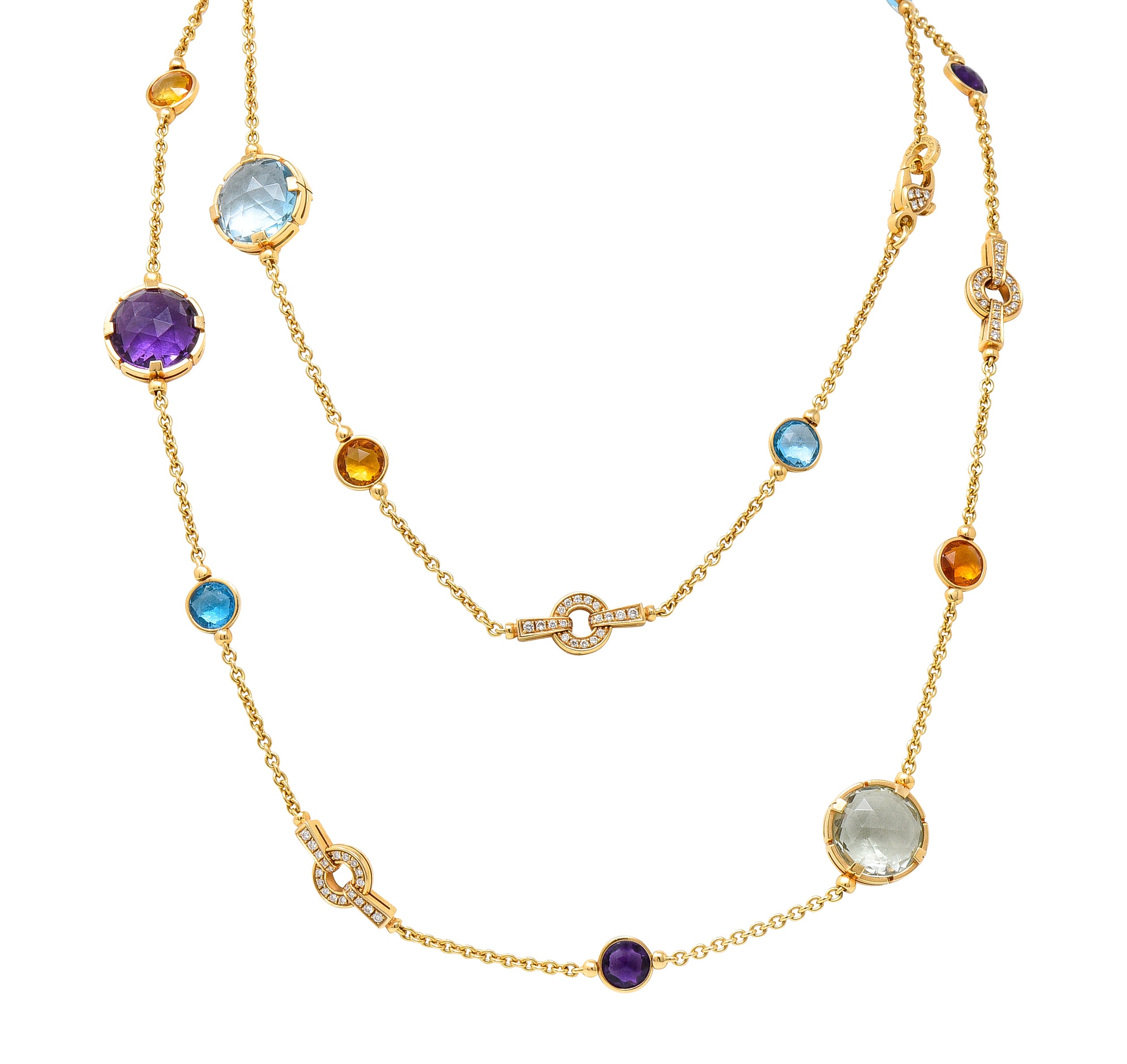 Bulgari Diamond Rose Cut Citrine Multi-Gem 18 Karat Yellow Gold Parentesi Station Necklace Wilson's Estate Jewelry