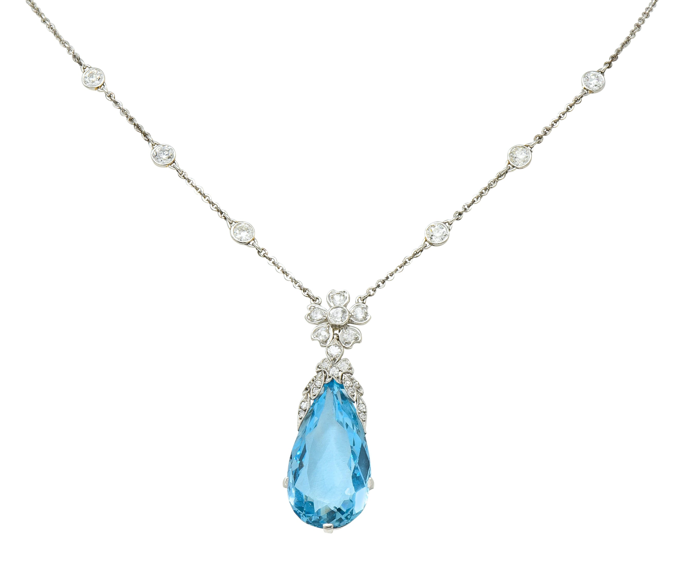 Edwardian 18.87 CTW Aquamarine Diamond Platinum Floral Drop Necklace - Wilson's Estate Jewelry