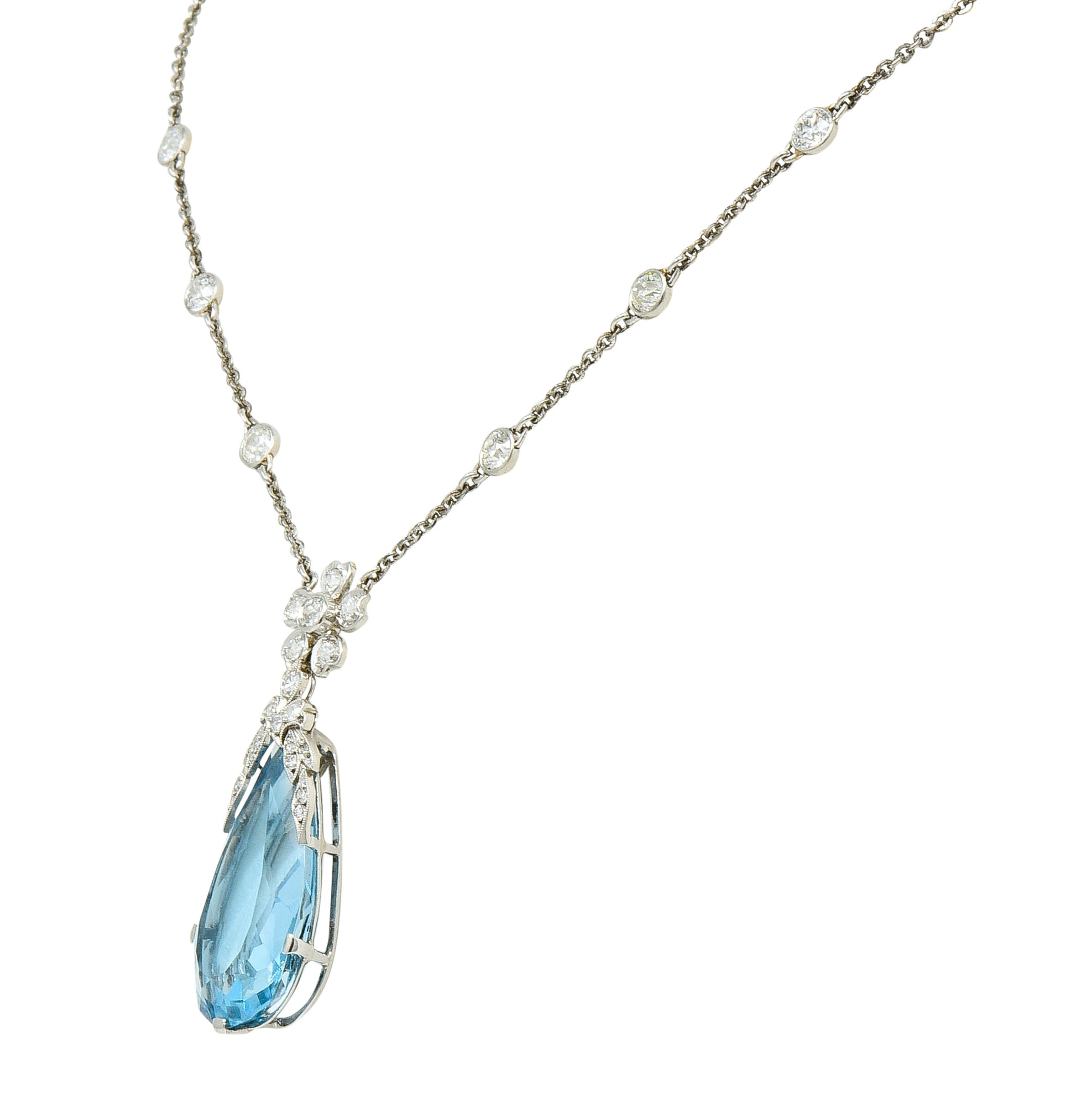 Edwardian 18.87 CTW Aquamarine Diamond Platinum Floral Drop Necklace - Wilson's Estate Jewelry