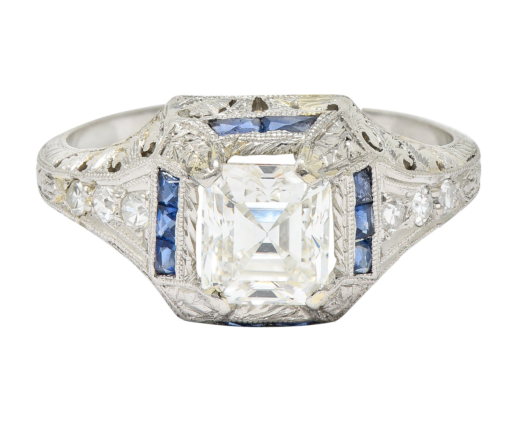 Art Deco 1.60 CTW Asscher Diamond Sapphire Platinum Engagement Ring Wilson's Estate Jewelry