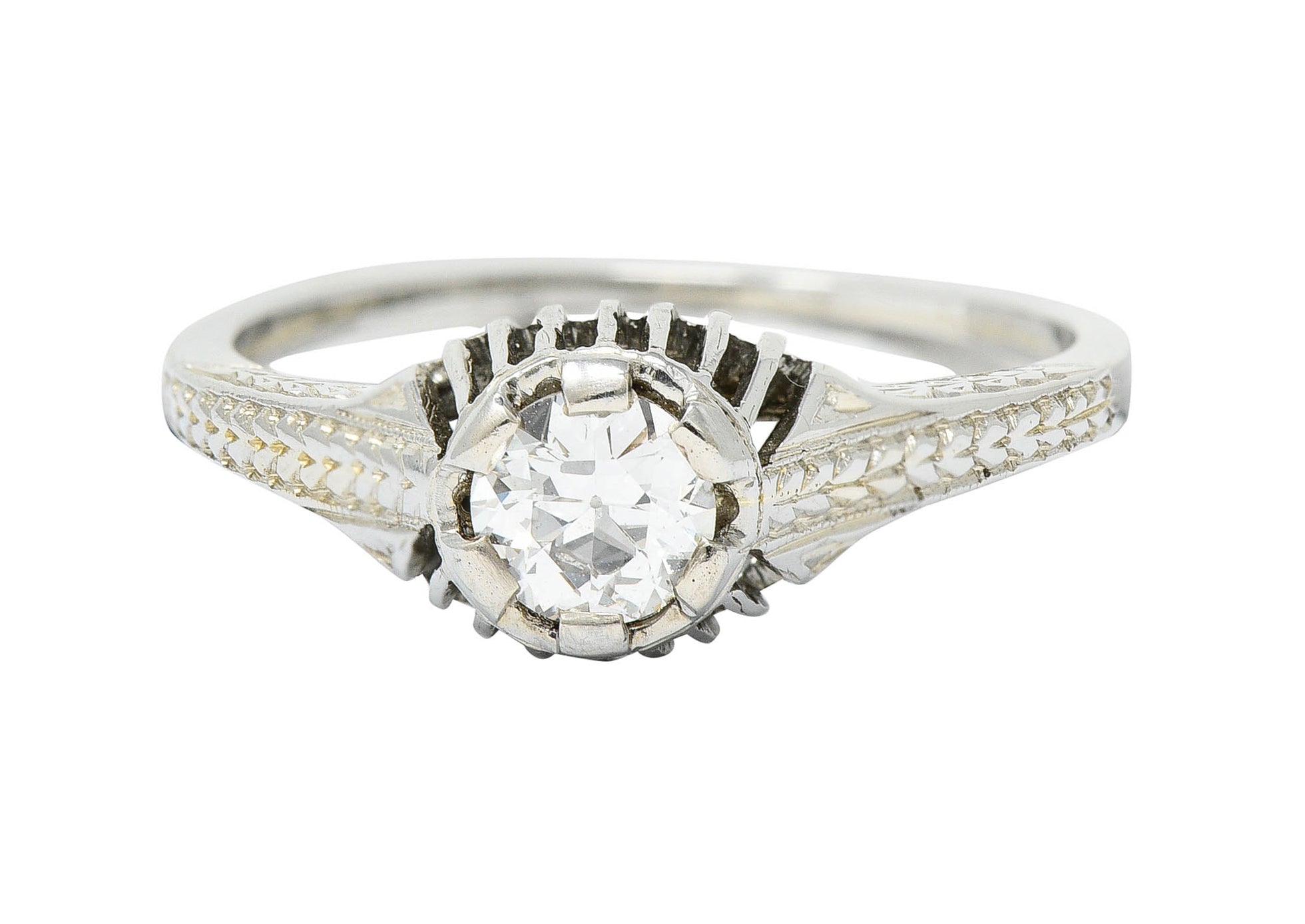 Art Deco 0.35 CTW Diamond 18 Karat White Gold Foliate Engagement RingRing - Wilson's Estate Jewelry