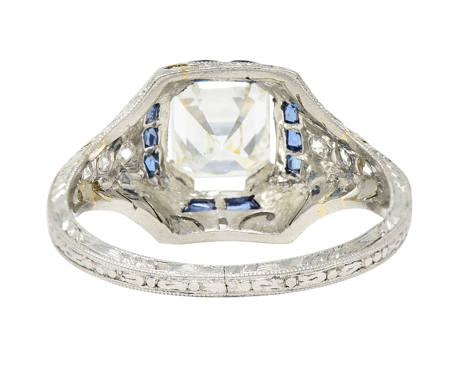 Art Deco 1.60 CTW Asscher Diamond Sapphire Platinum Engagement Ring Wilson's Estate Jewelry