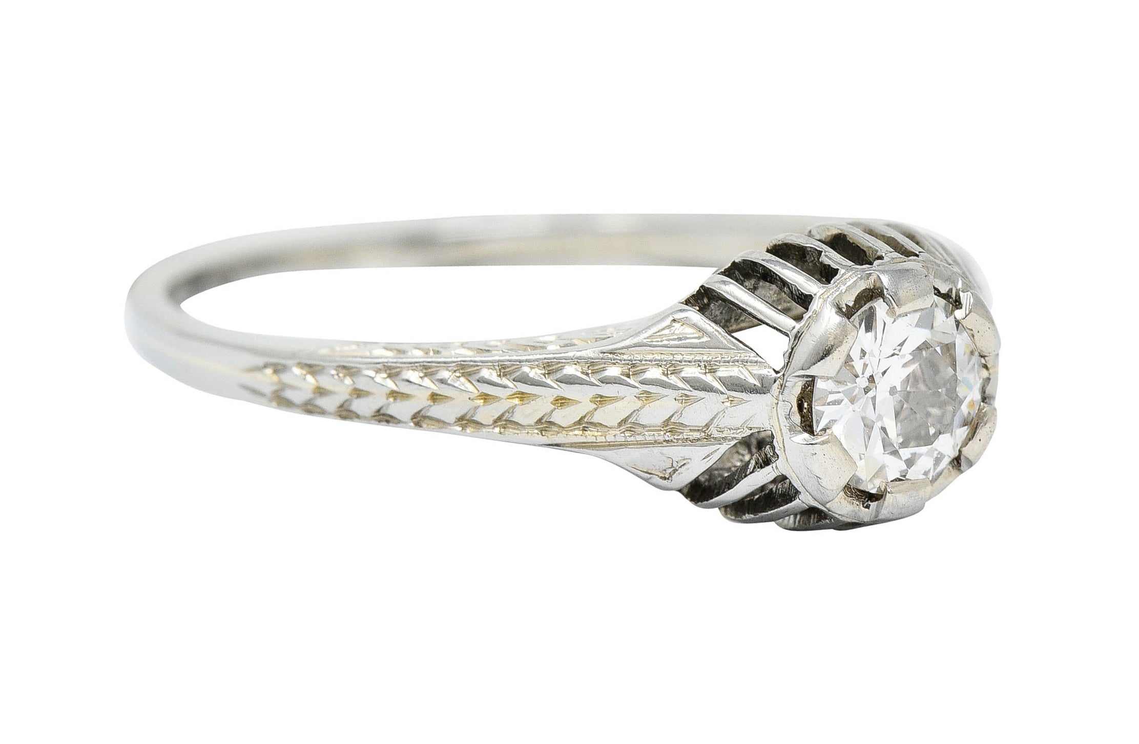 Art Deco 0.35 CTW Diamond 18 Karat White Gold Foliate Engagement RingRing - Wilson's Estate Jewelry