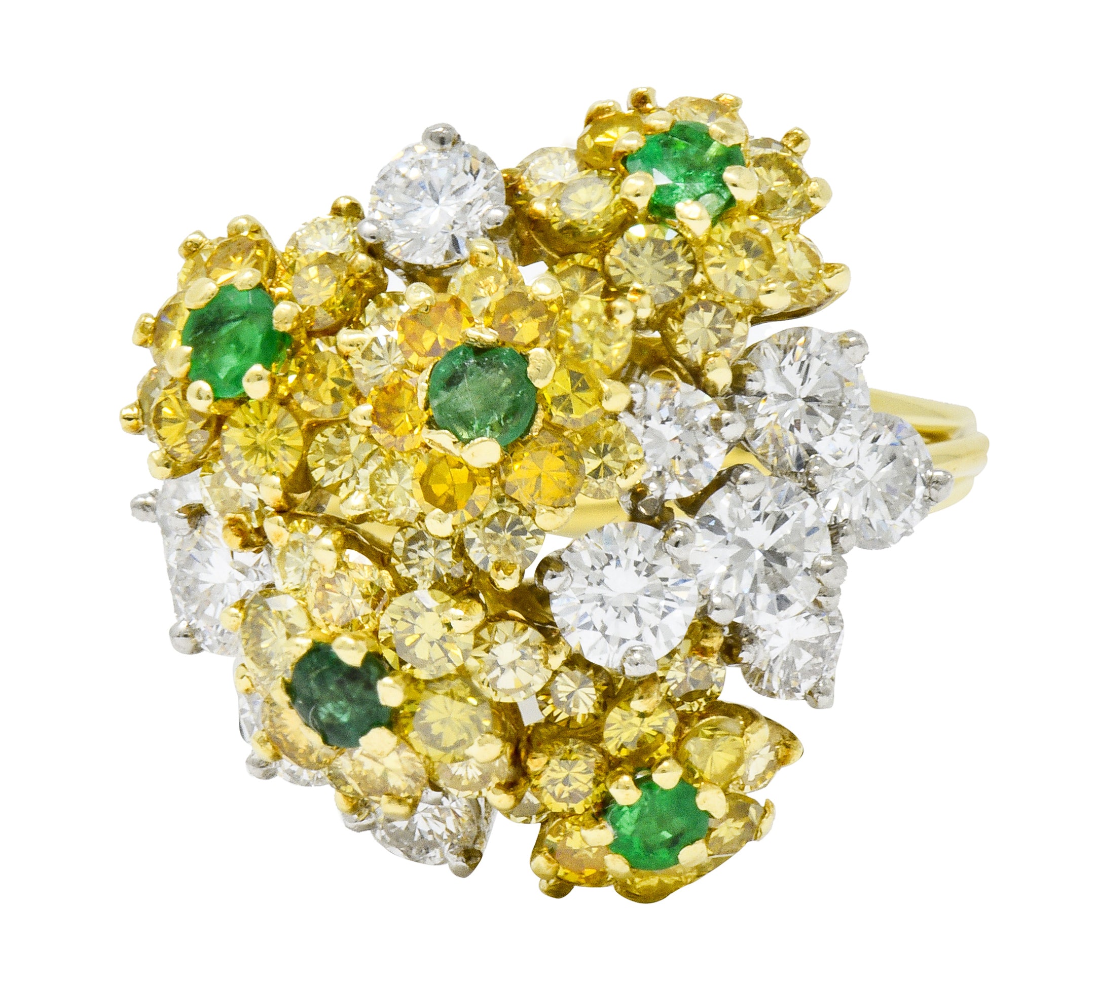 Vintage 3.21 CTW Yellow and White Diamond Emerald 18 Karat Gold Floral Cluster Ring - Wilson's Estate Jewelry