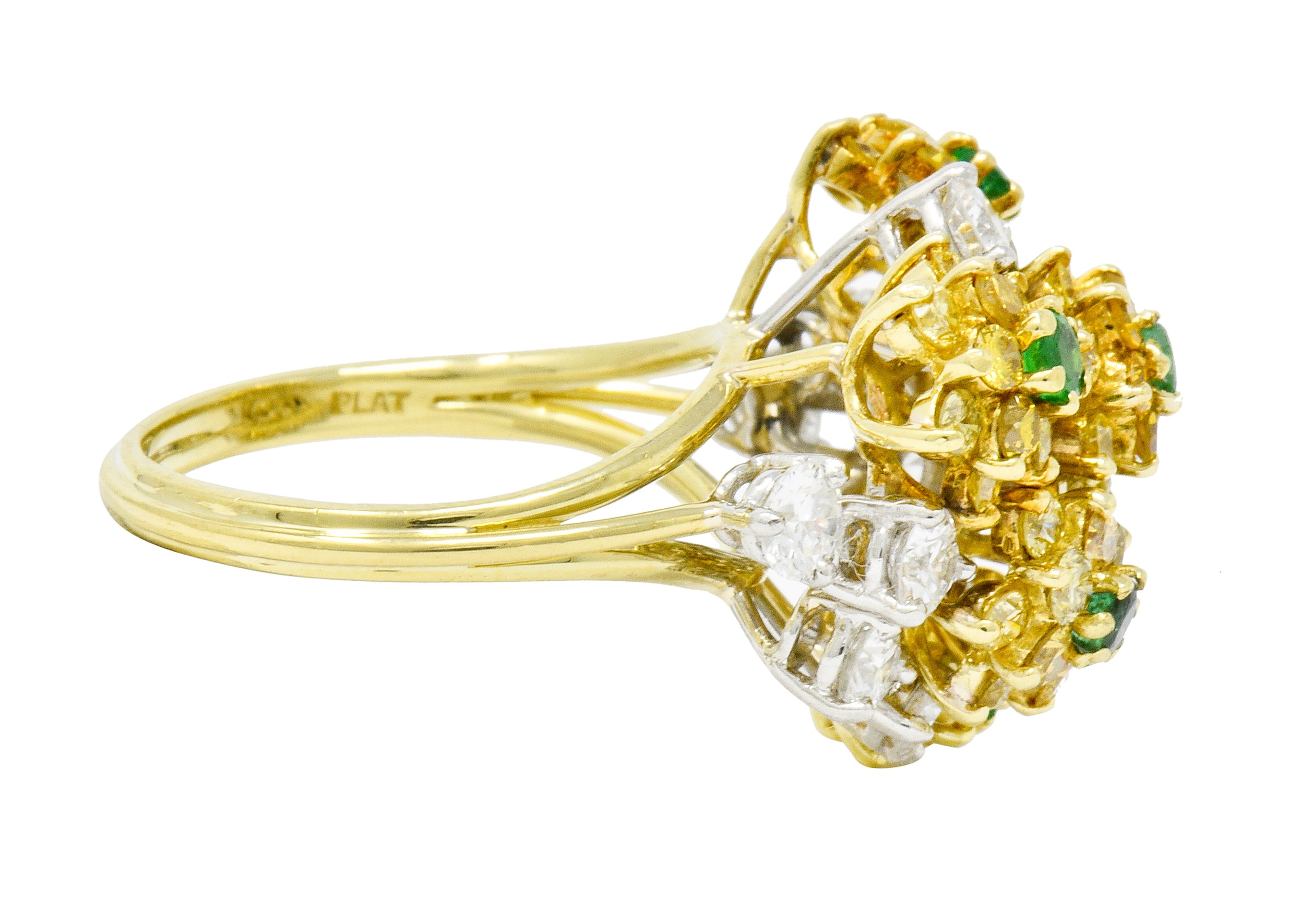 Vintage 3.21 CTW Yellow and White Diamond Emerald 18 Karat Gold Floral Cluster Ring - Wilson's Estate Jewelry