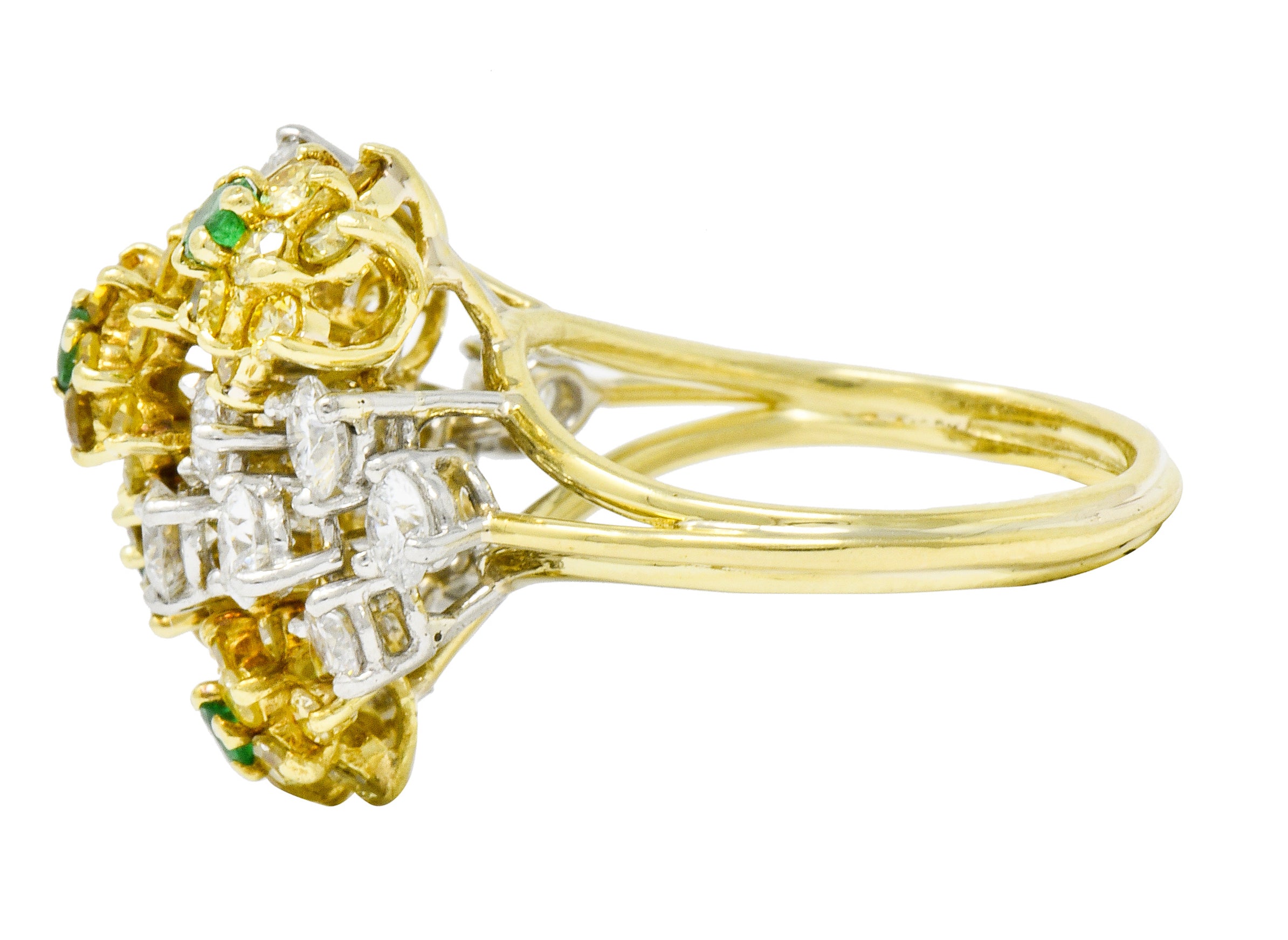 Vintage 3.21 CTW Yellow and White Diamond Emerald 18 Karat Gold Floral Cluster Ring - Wilson's Estate Jewelry